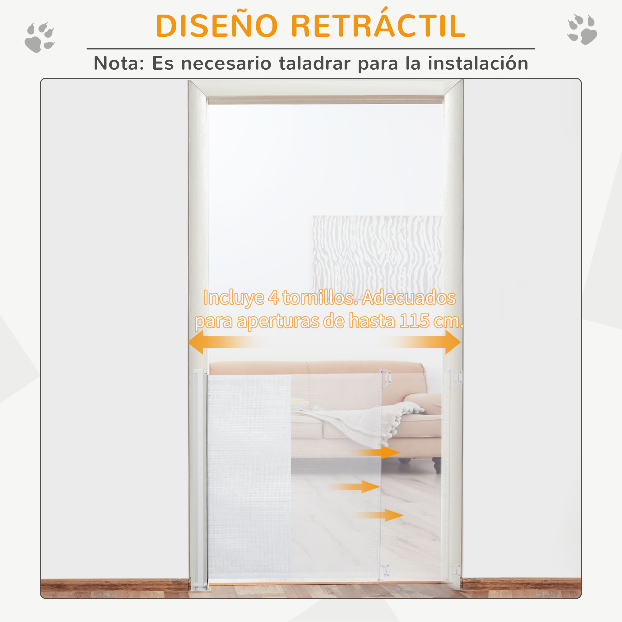 Una puerta retráctil blanca está instalada en una puerta. Se muestran instrucciones y dimensiones con flechas.