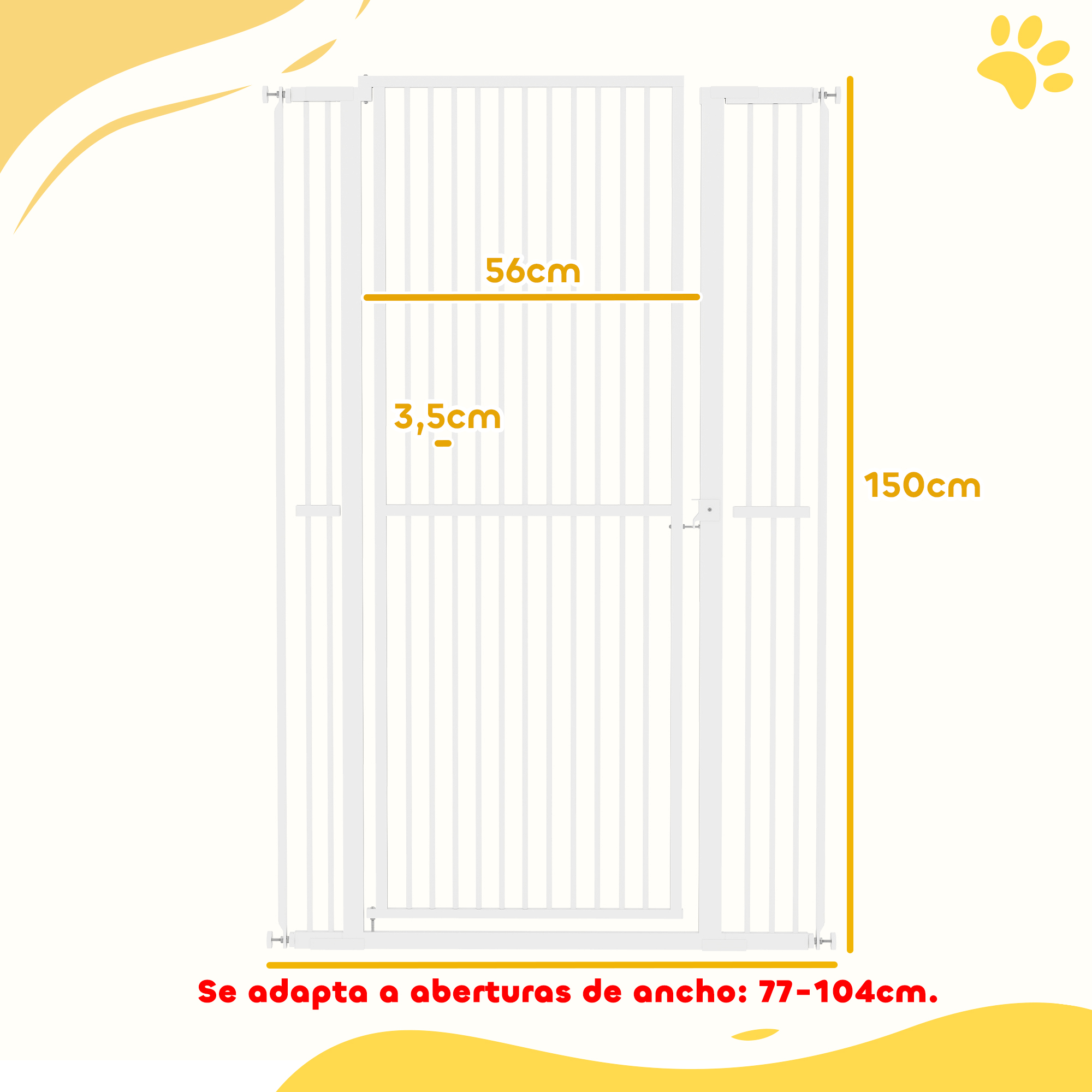 Una puerta blanca con dimensiones: 150 cm de altura, 56 cm de ancho y 3,5 cm de profundidad. El texto especifica aberturas de 77-104 cm.