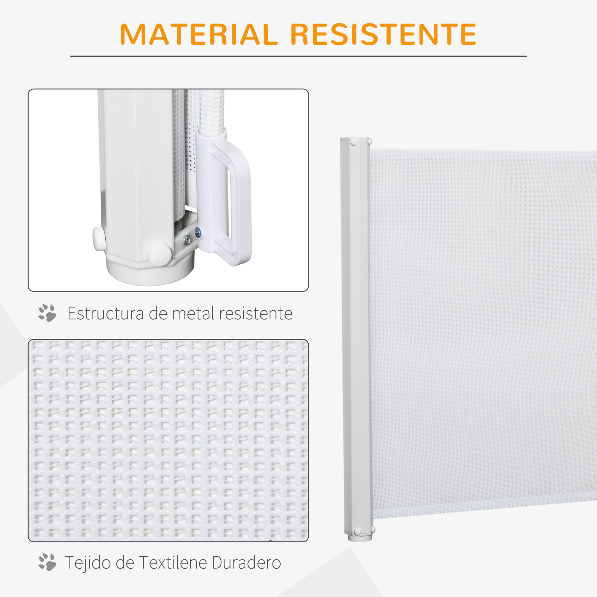 Primeros planos muestran el material y la estructura de la puerta blanca. La puerta incluye un asa y un material textil duradero.