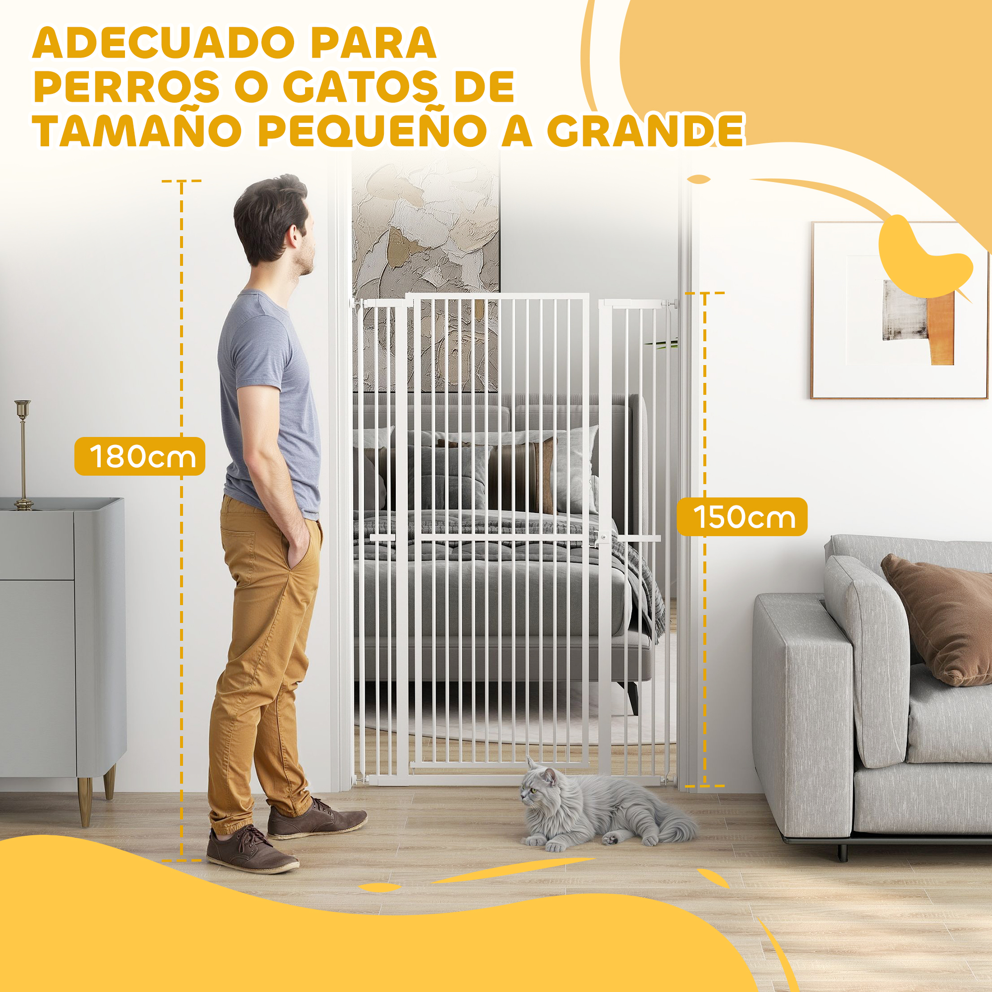 Un hombre está de pie junto a una puerta blanca con un gato. El hombre mide 180 cm de altura, la puerta 150 cm. El texto dice que encaja.