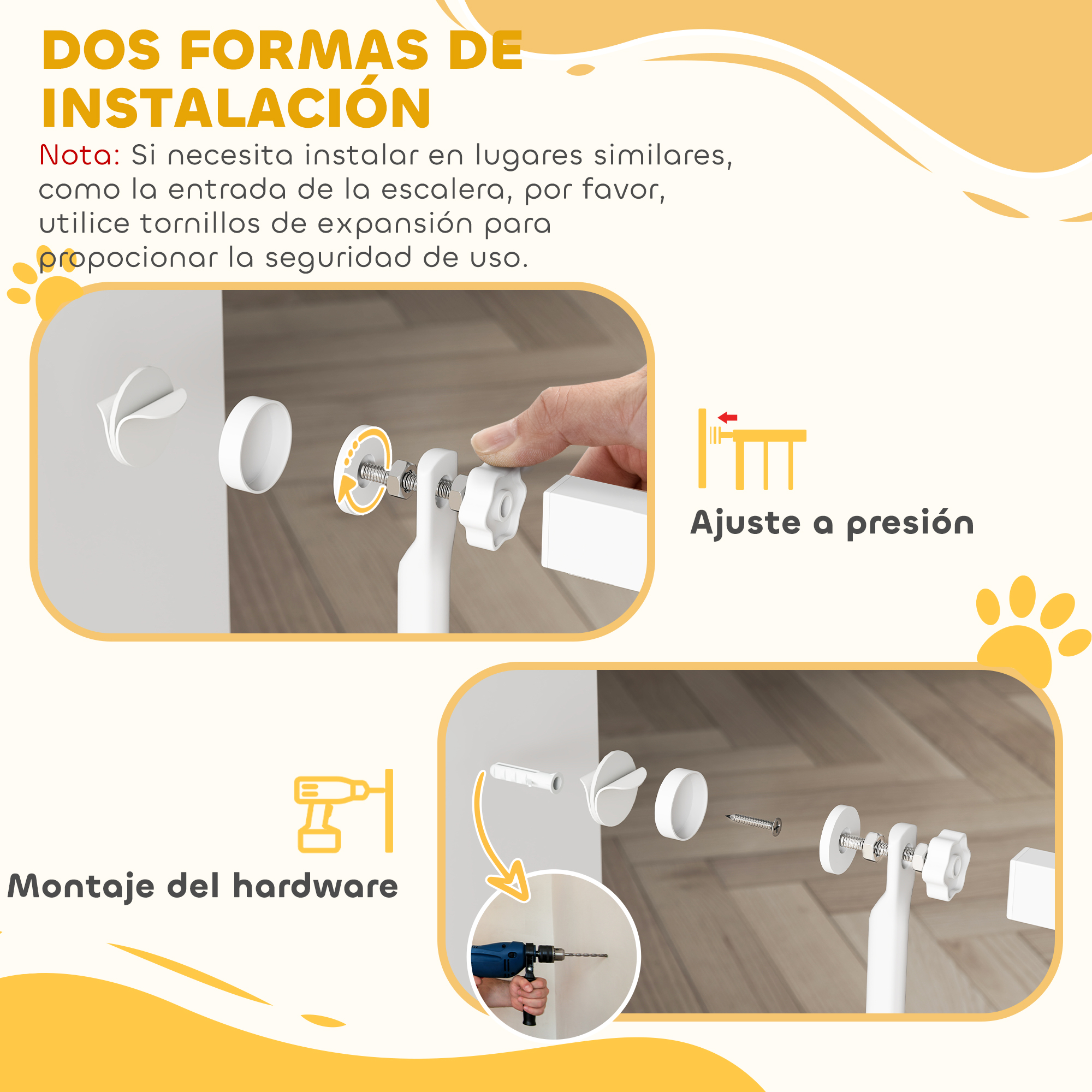 El diagrama muestra dos métodos de instalación para una puerta: ajuste a presión y montaje de hardware, con detalles de cada uno.