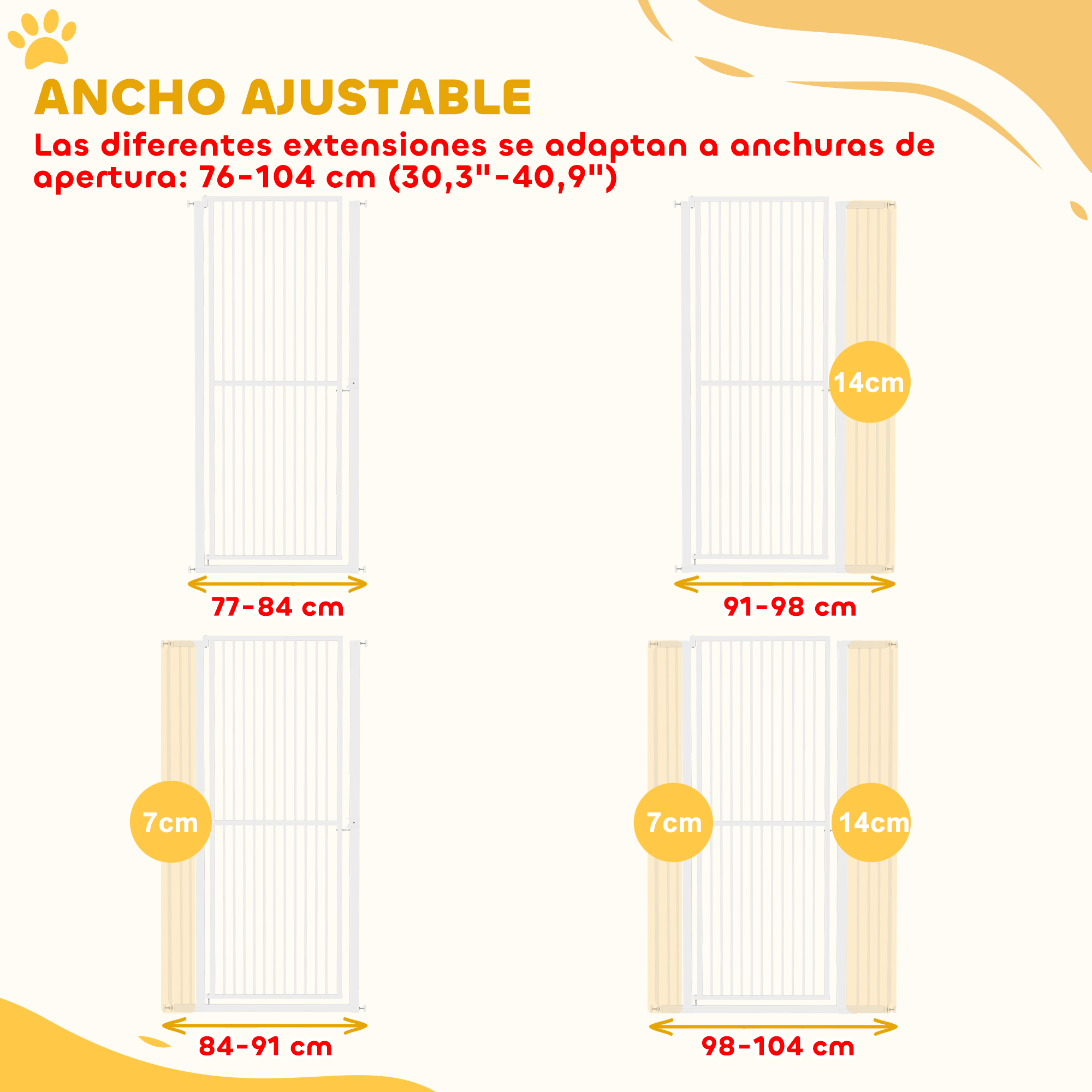 El diagrama muestra anchos de puerta ajustables: 77-84 cm, 84-91 cm, 91-98 cm y 98-104 cm. Se proporcionan las dimensiones.