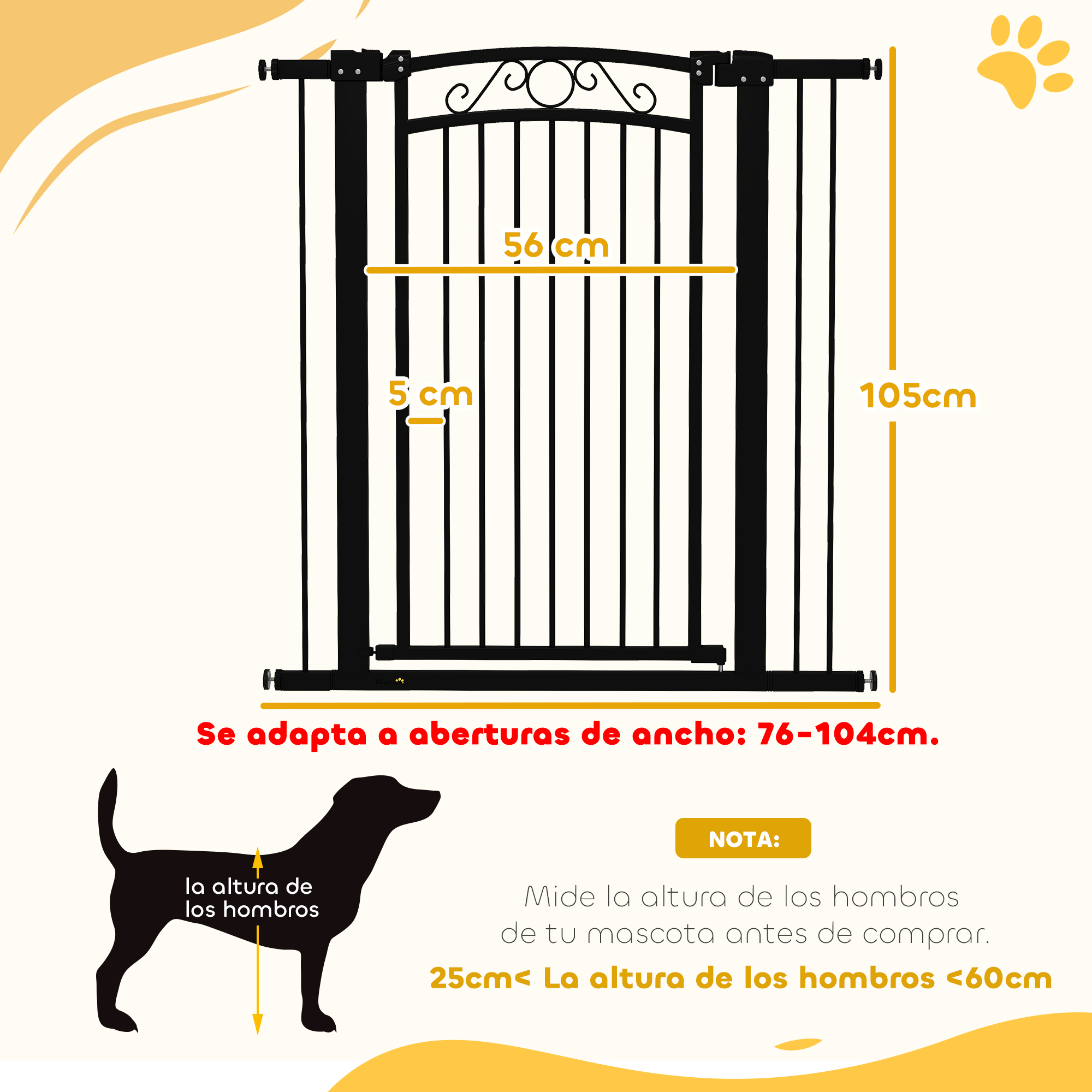 Puerta negra con dimensiones: 105 cm de altura, 56 cm de ancho, 5 cm de profundidad. El texto aconseja medir la altura de los hombros de la mascota.