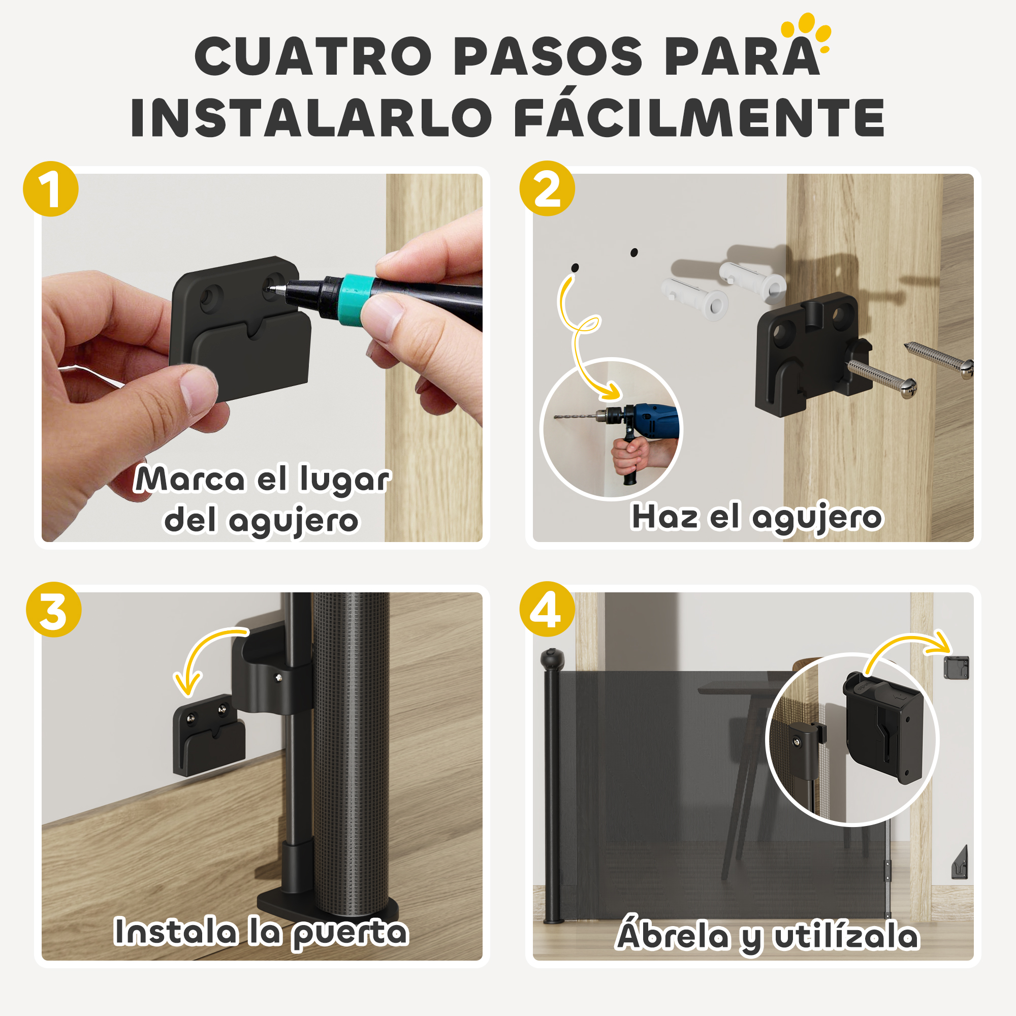 Se muestran cuatro pasos para instalar fácilmente la puerta con ilustraciones y texto en español.