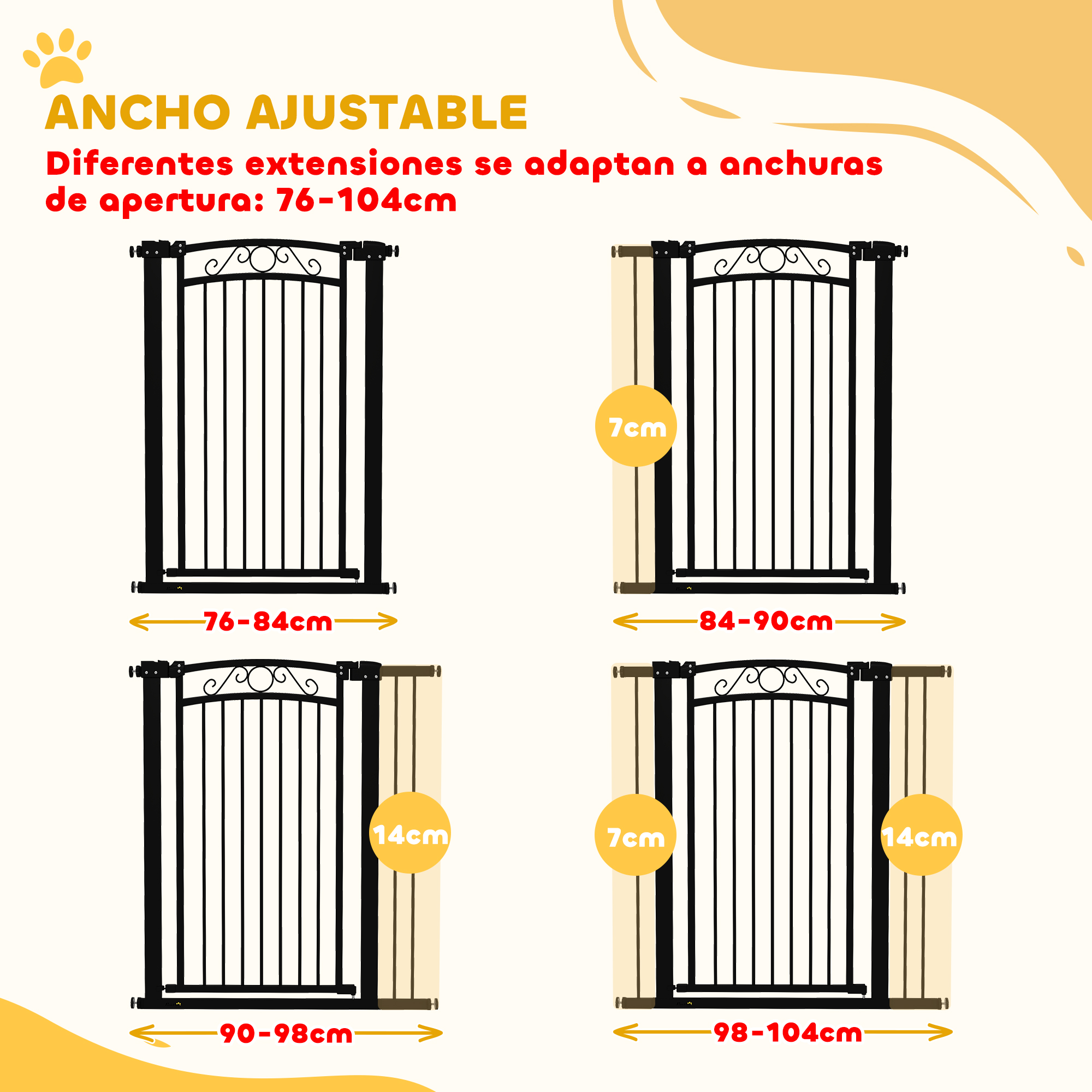 El diagrama muestra anchos ajustables para una puerta para mascotas, que van desde 76-104 cm con diferentes extensiones.