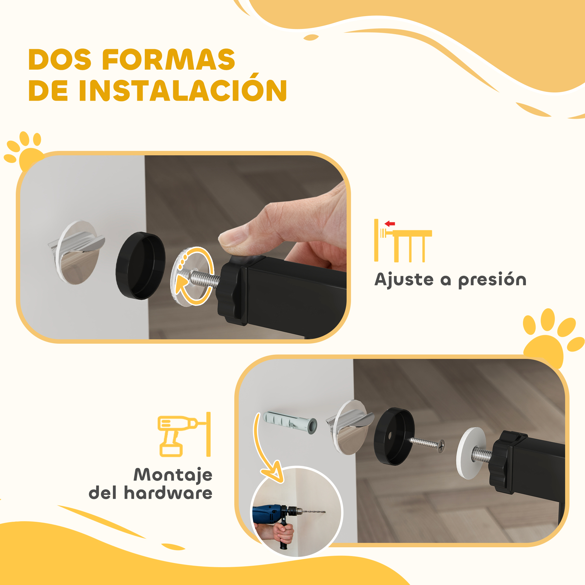 Collage que muestra dos métodos de instalación para hardware: ajuste de presión y montaje de hardware.