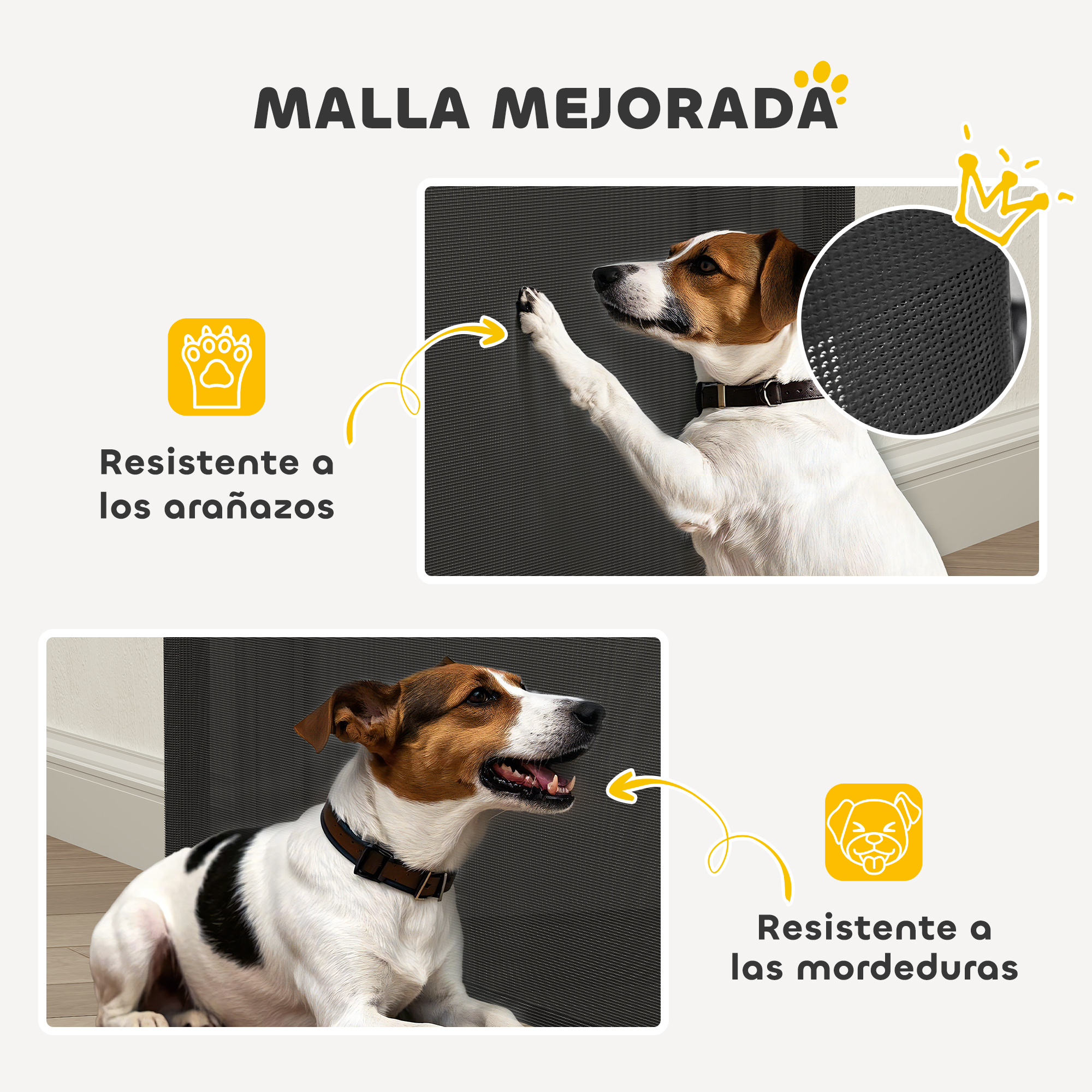 La imagen muestra a un perro rascando y mordiendo una puerta de malla para mascotas con el texto 'Resistente a los arañazos' y 'las mordeduras'.