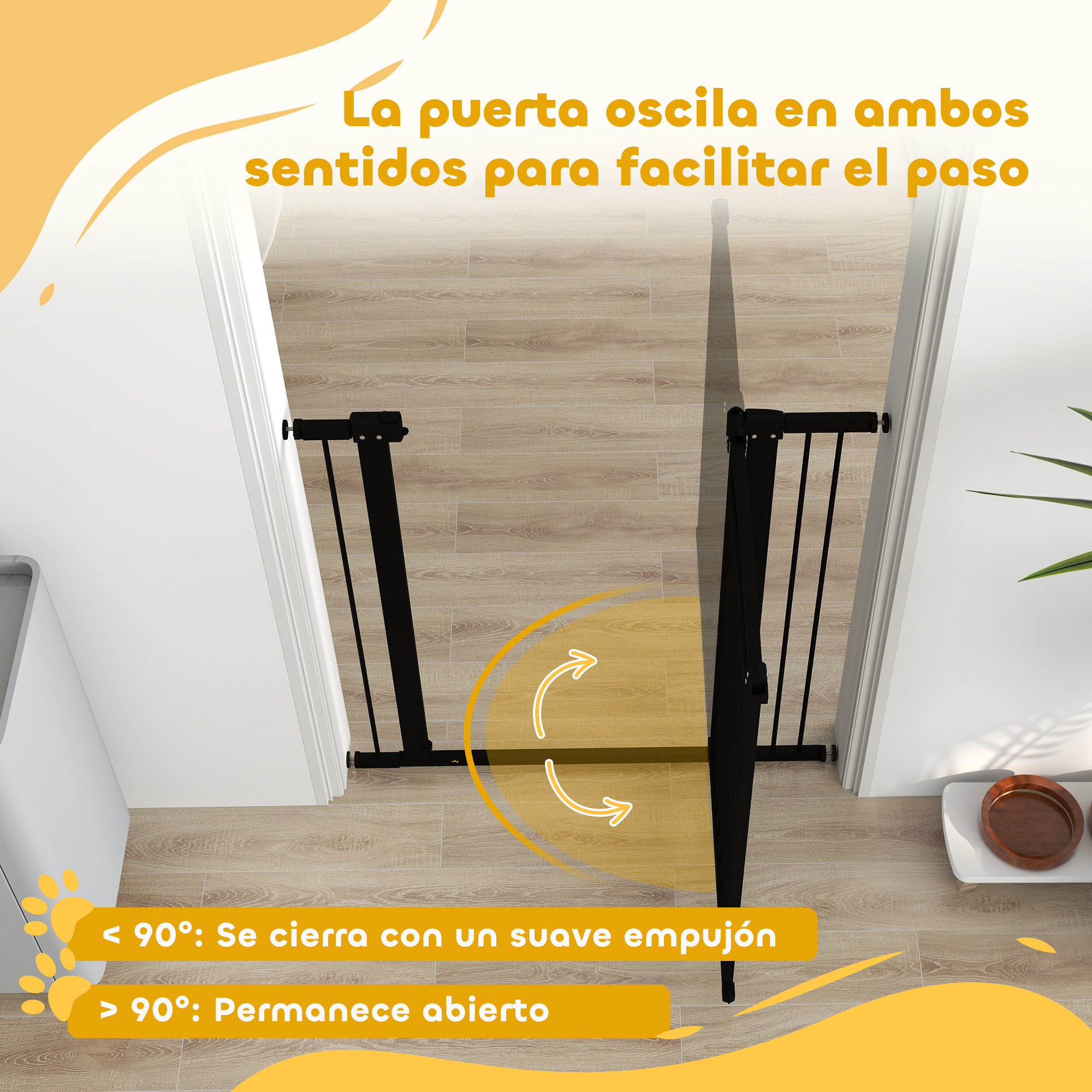 La imagen muestra una puerta para mascotas que se balancea en ambos sentidos. El texto en español explica cómo se cierra y se mantiene abierta.