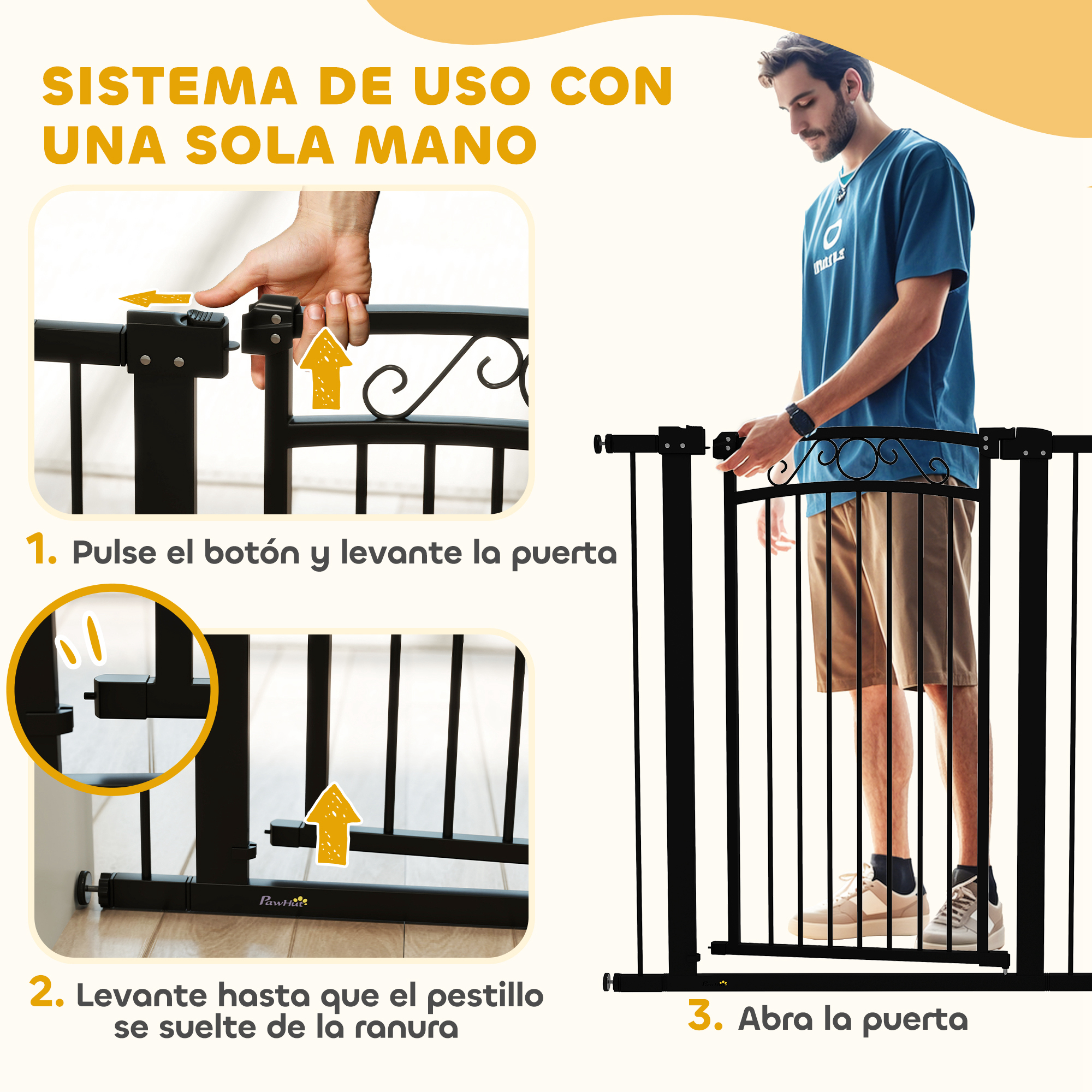 Diagrama que muestra cómo abrir una puerta de metal negro con una mano, incluidas instrucciones escritas.