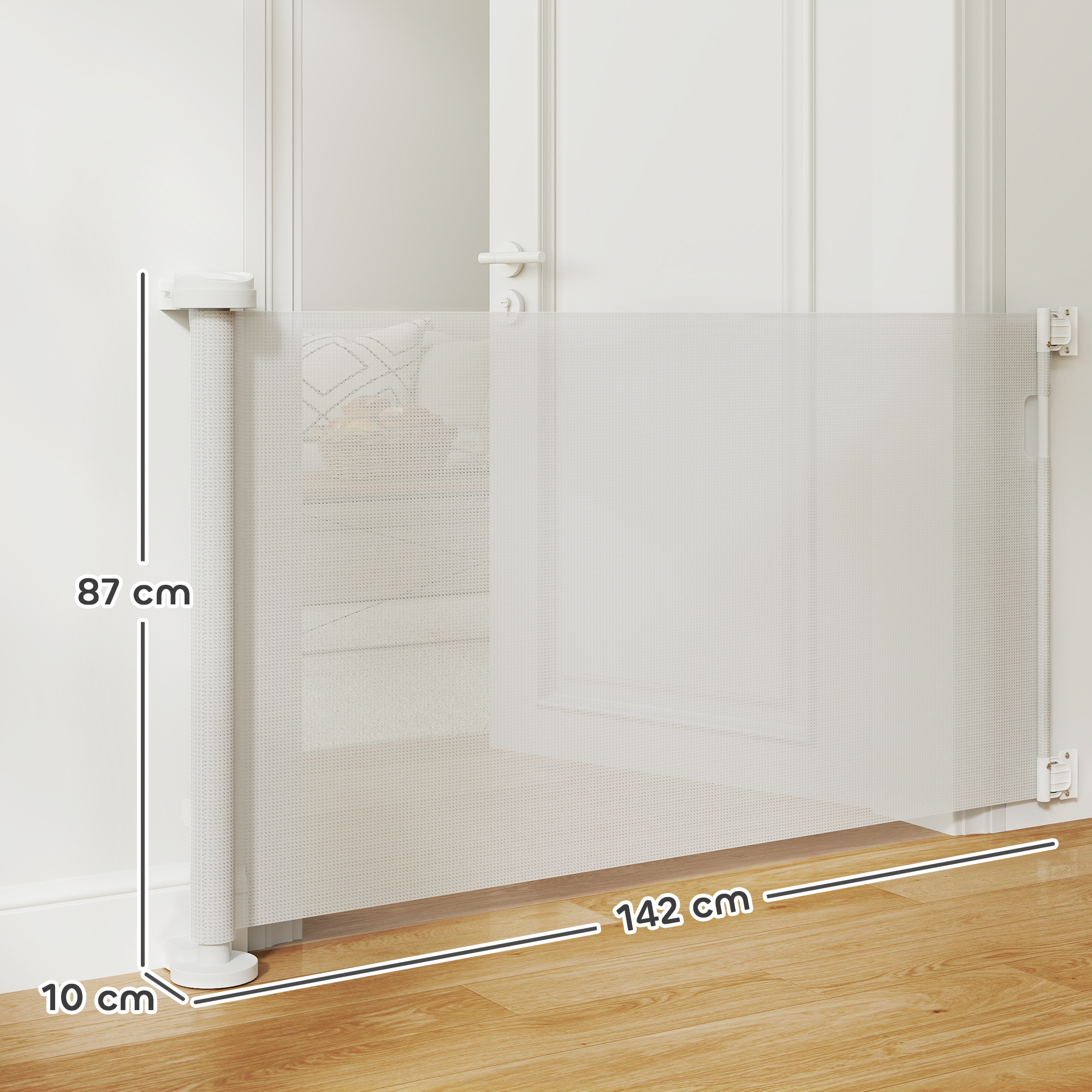 Una puerta retráctil blanca para mascotas instalada en una puerta, con dimensiones en cm. La puerta está cerrada.