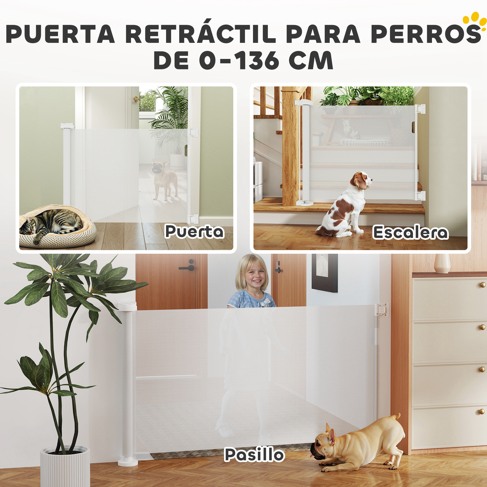 La imagen muestra una puerta retráctil para mascotas en varios lugares: puerta, escalera y pasillo, mostrando la puerta retraída.