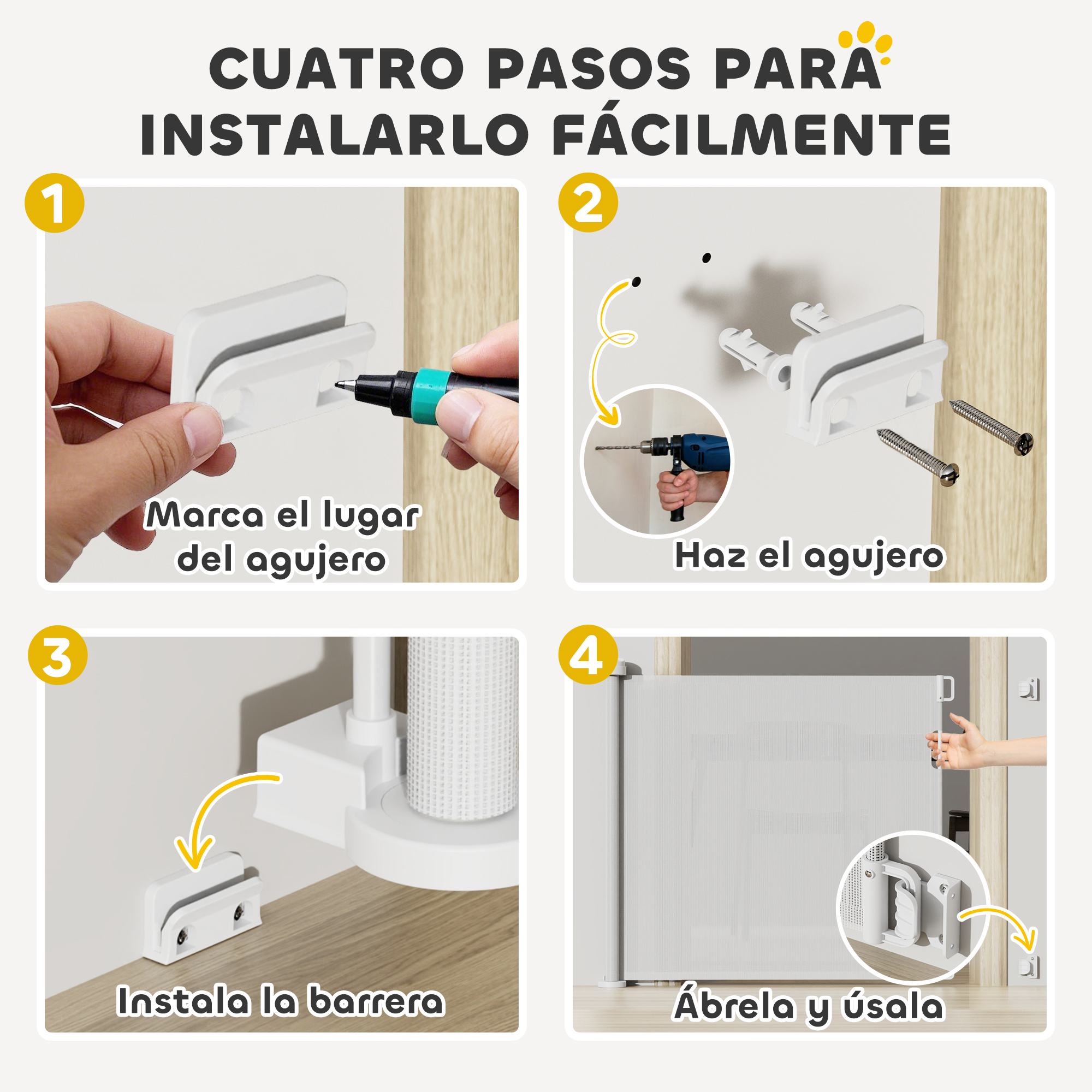 Collage con cuatro pasos para instalar una puerta para mascotas: marcar, perforar, instalar la barrera, abrir y usar.