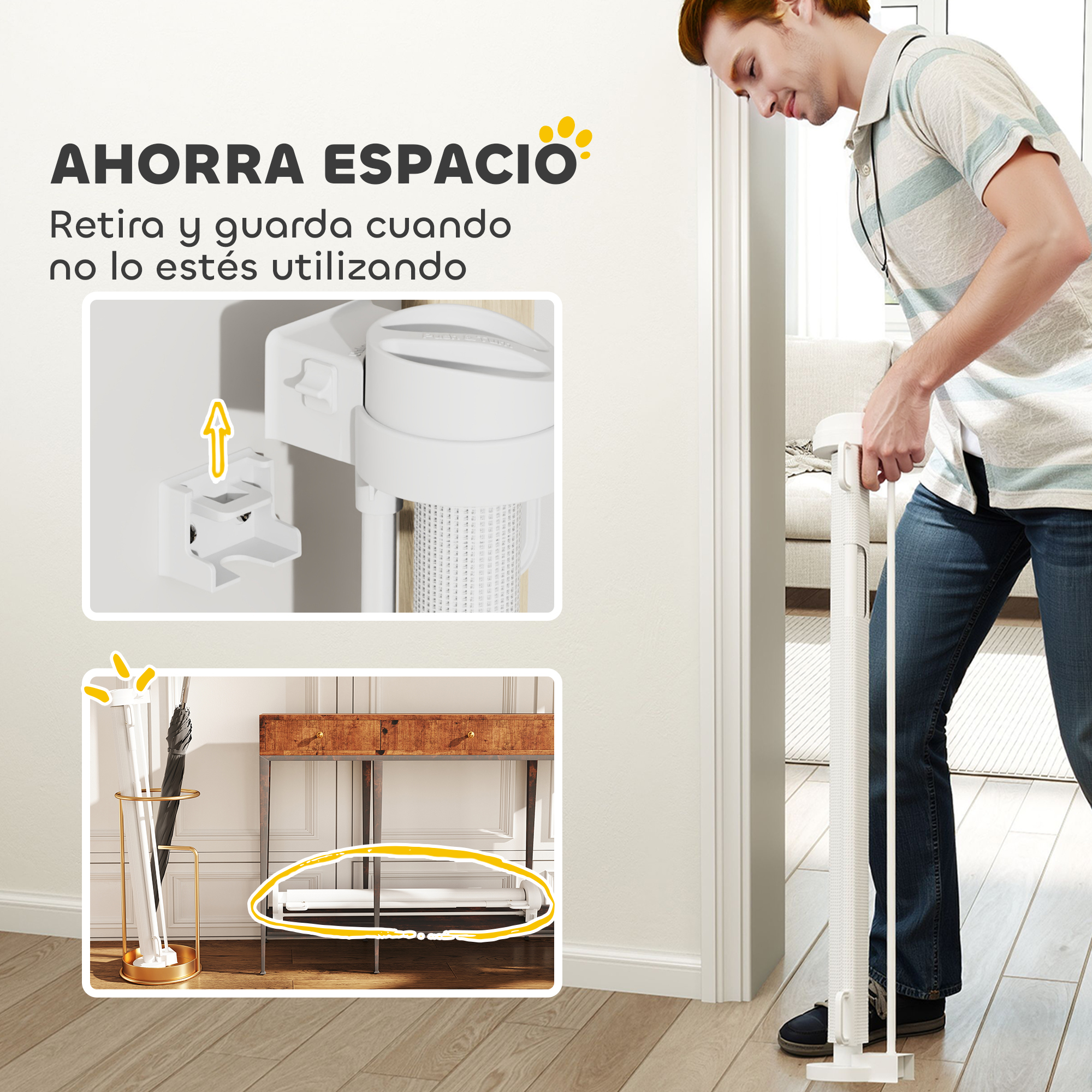 Un hombre demuestra cómo guardar la puerta retráctil para mascotas. La puerta está desmontada y guardada.
