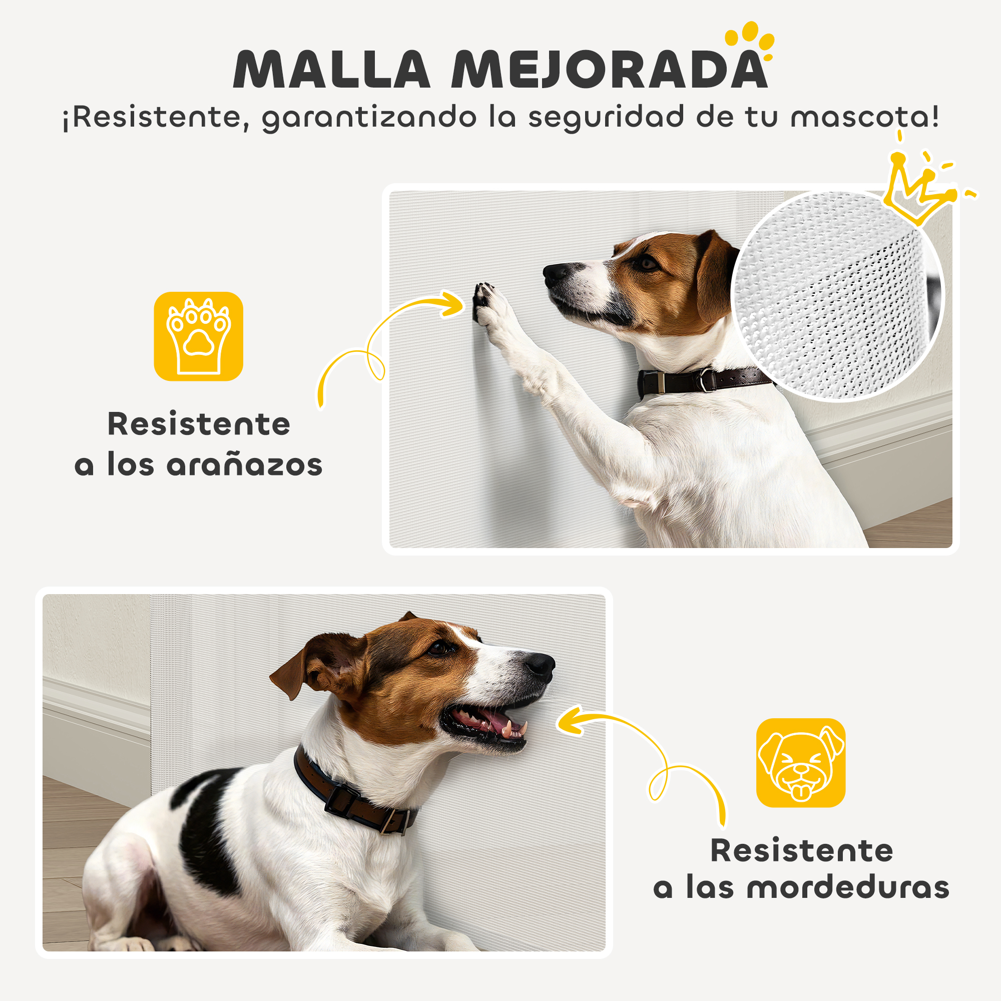 Collage con dos primeros planos de razas de perros que prueban una puerta retráctil para mascotas. El texto dice: Resistente a arañazos/mordiscos.