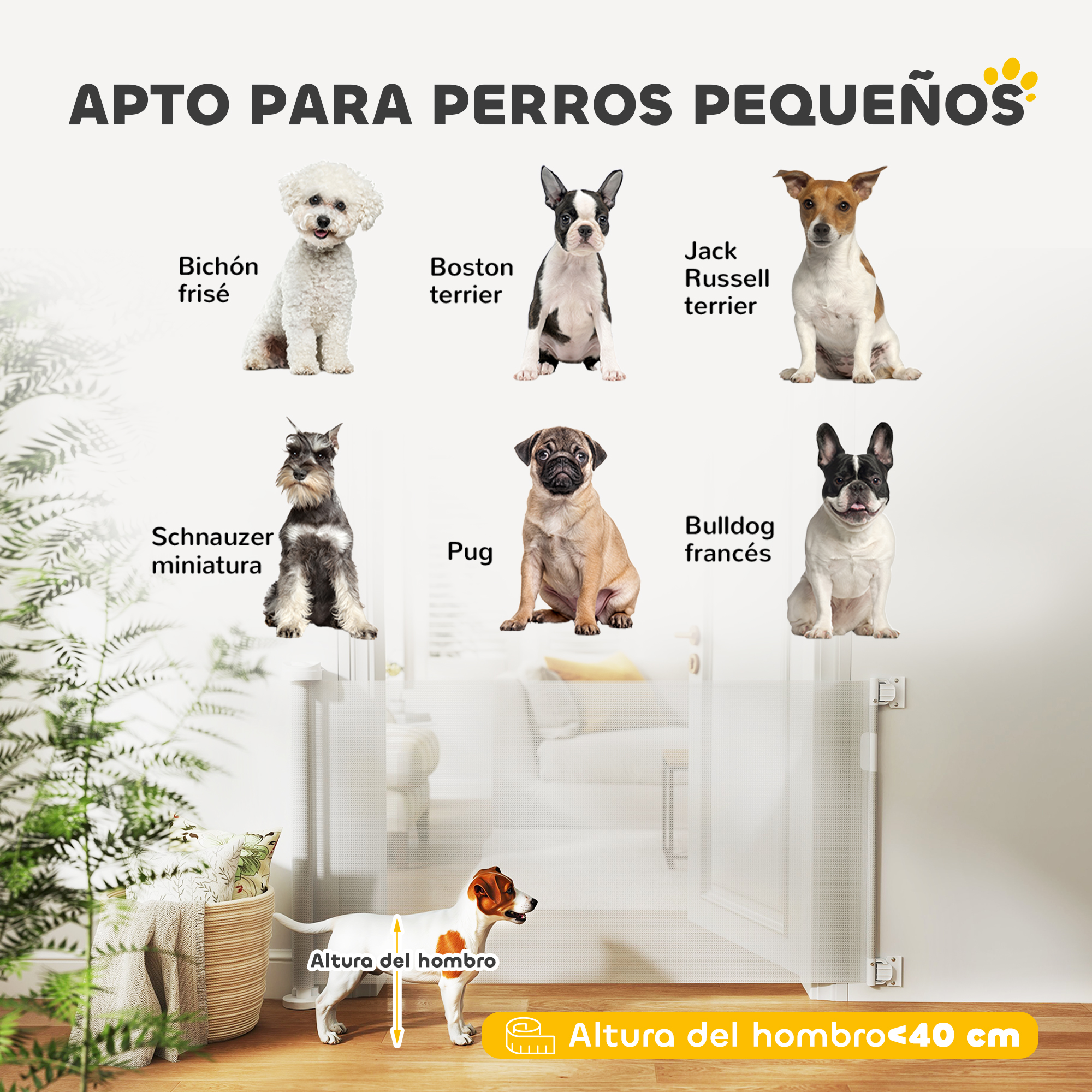 La imagen muestra varias razas de perros, con una puerta retráctil para mascotas en el fondo. El texto indica que es para perros pequeños.