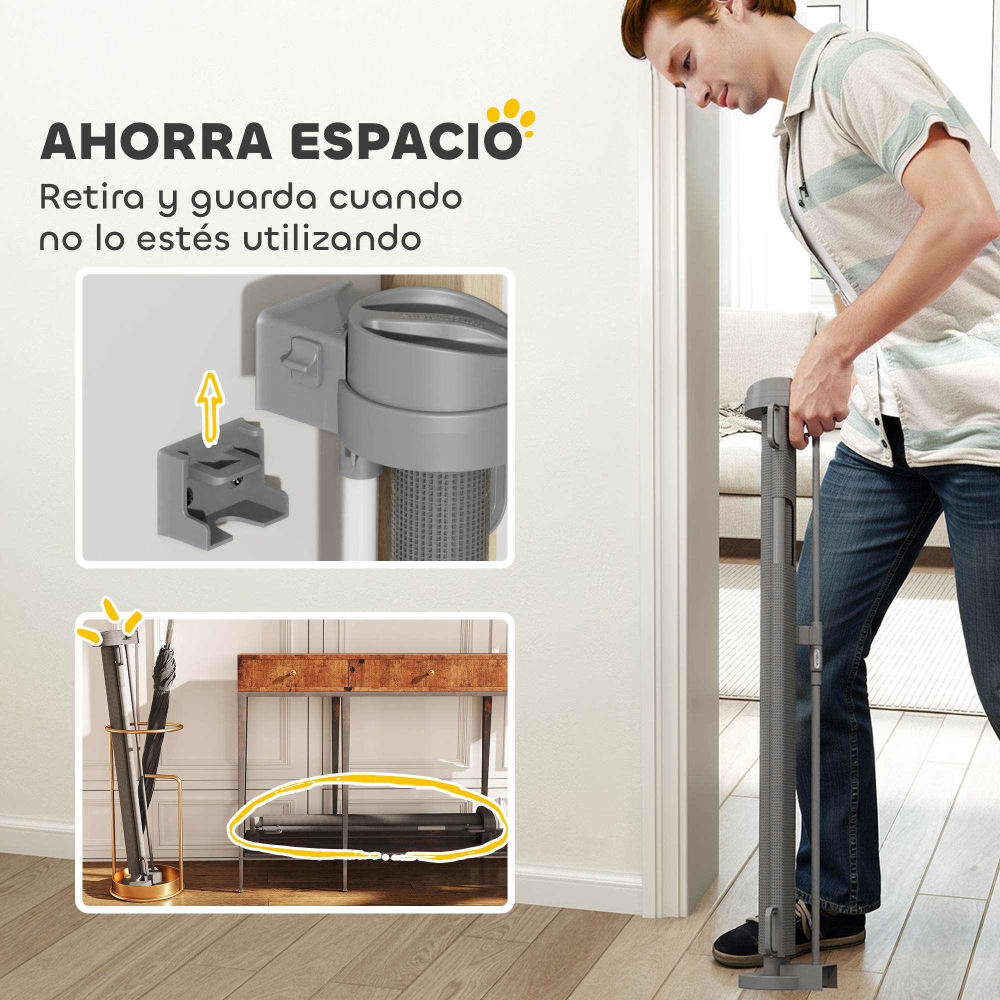 Un hombre está instalando una puerta retráctil, con diagramas del proceso de instalación.