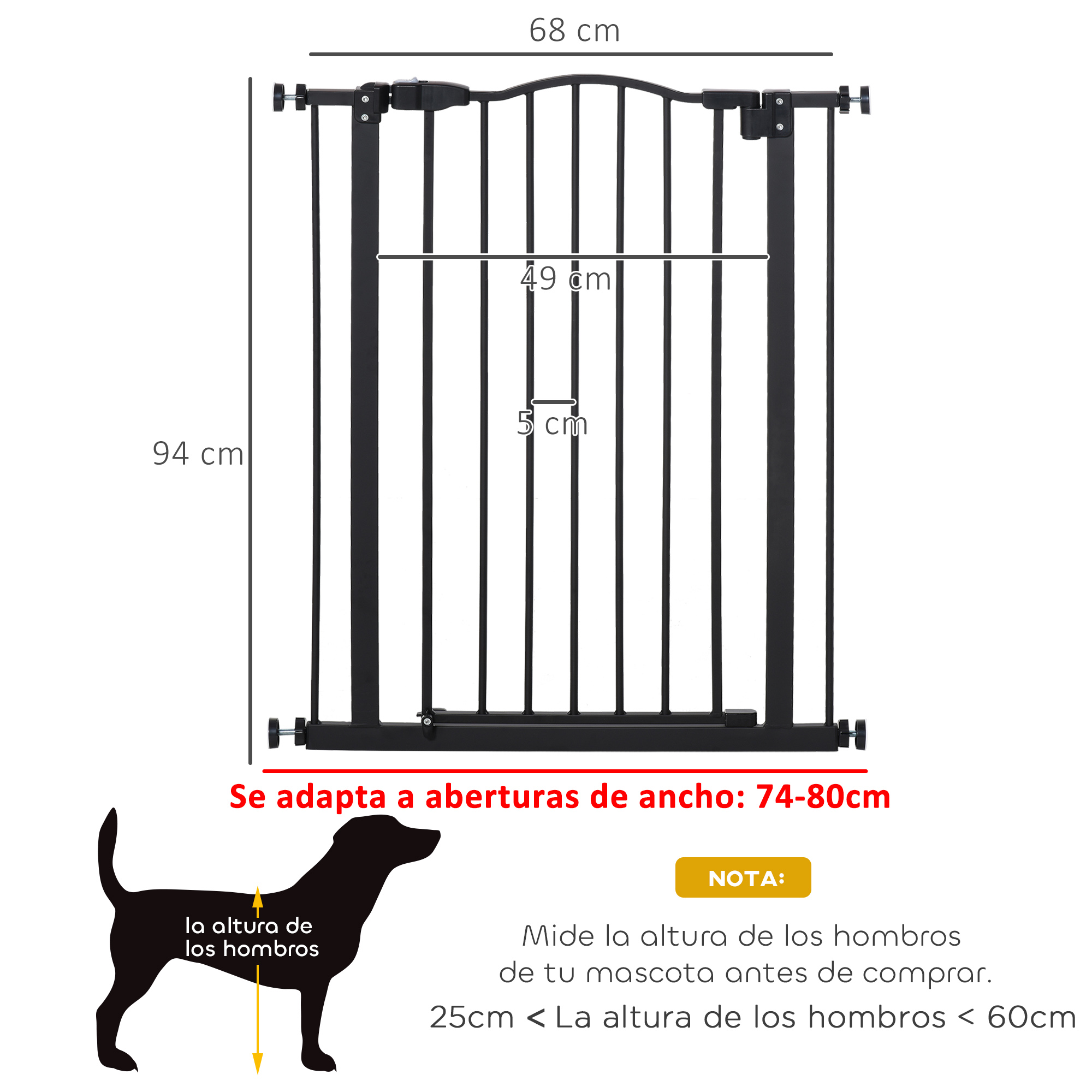 Una puerta negra con dimensiones y una silueta de perro que indica la idoneidad de la altura.