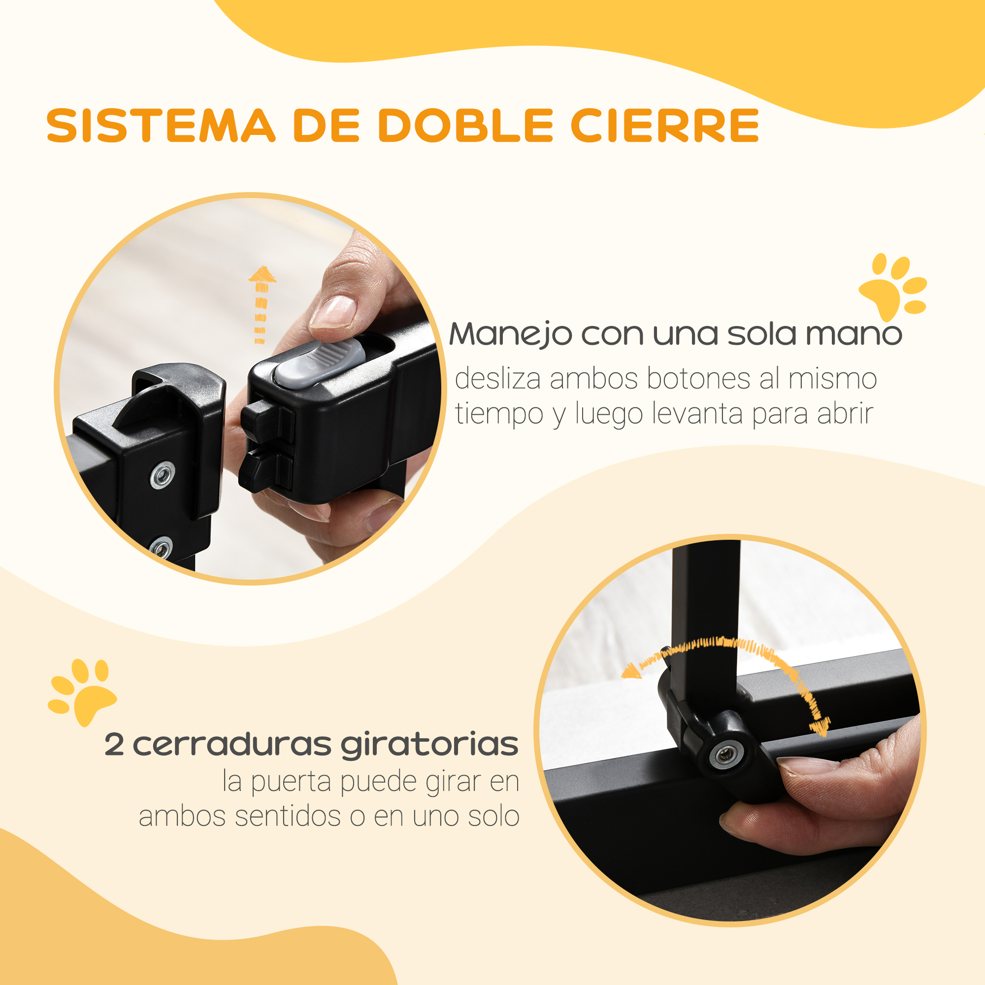 La ilustración muestra un mecanismo de cierre de puerta de seguridad negro con texto descriptivo y flechas sobre un fondo amarillo.