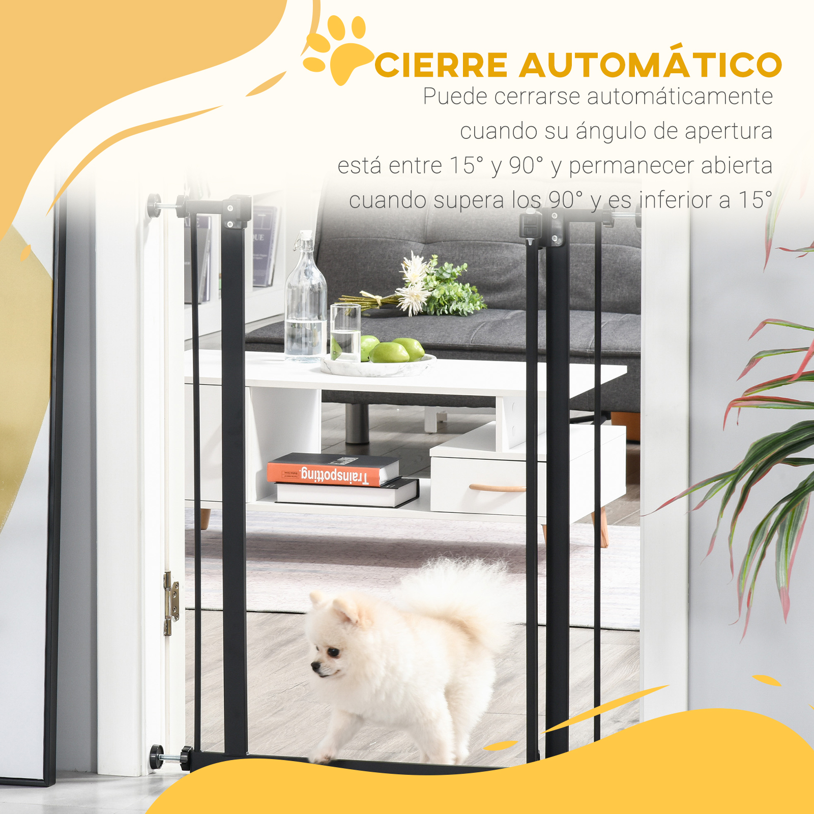 Un perro blanco camina hacia una puerta negra. El texto describe la función de cierre automático.