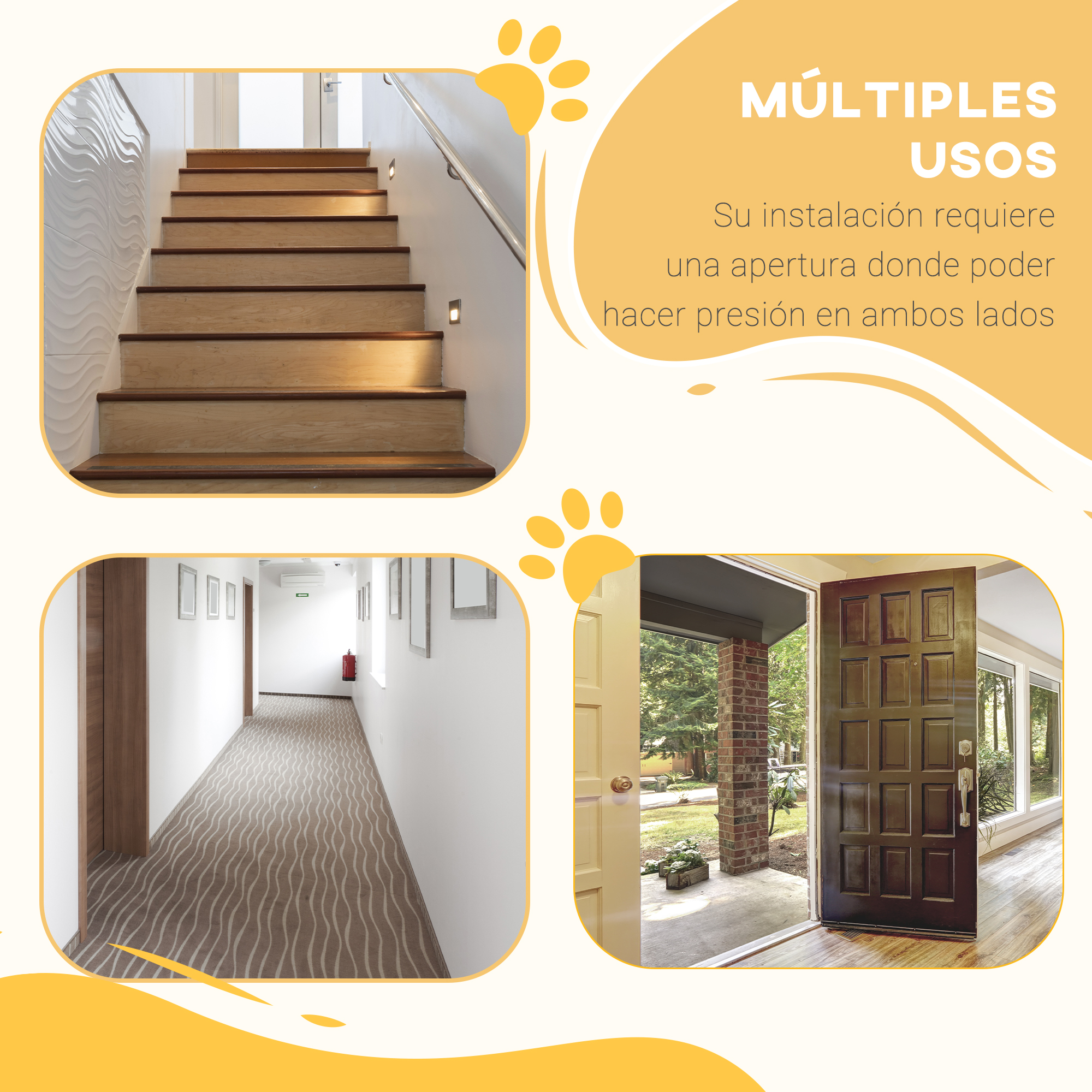 Imágenes de una escalera, un pasillo y una puerta con un texto que indica múltiples usos.