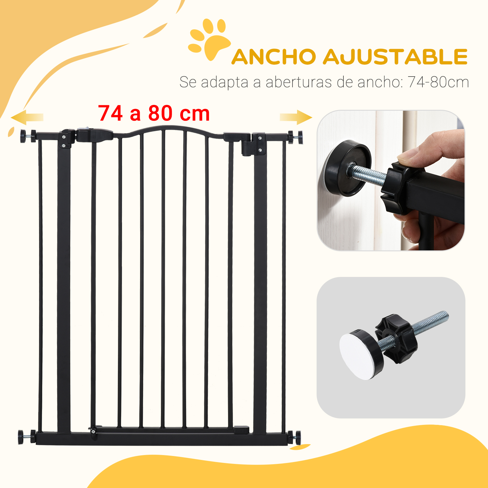 Una puerta de metal negro con ancho ajustable, con imágenes detalladas del mecanismo de ajuste.