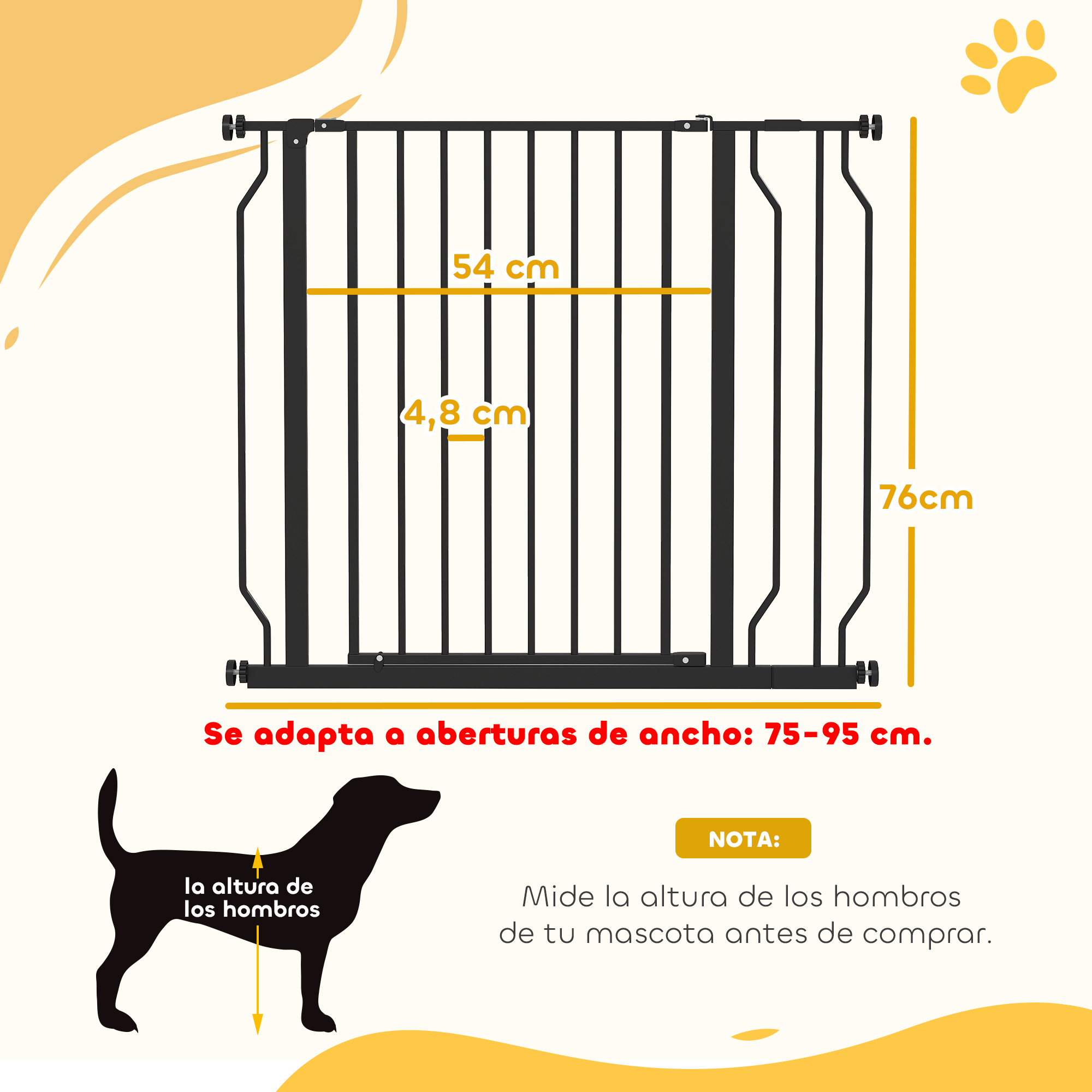 Un diagrama muestra las dimensiones de una puerta negra para mascotas, indicando que se adapta a aberturas de 75-95 cm de ancho.