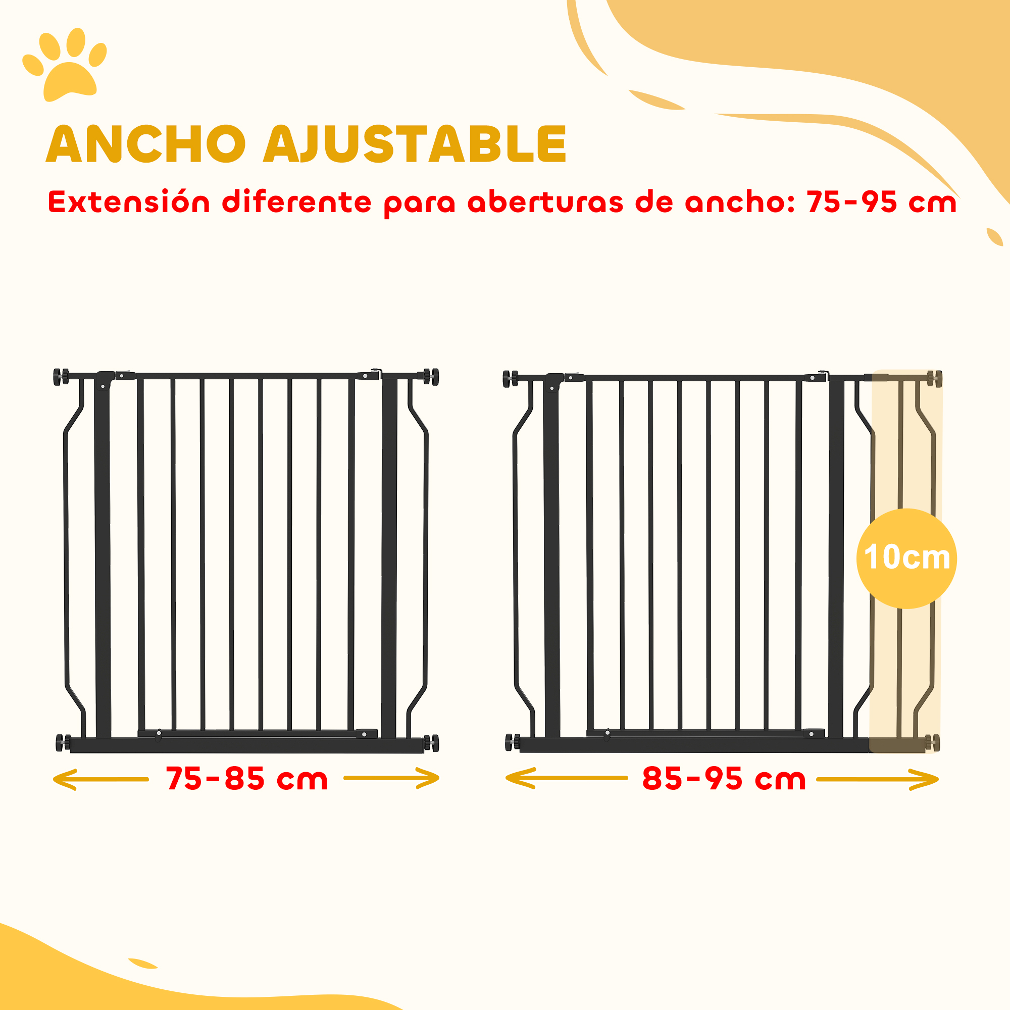 La imagen muestra diagramas de una puerta para mascotas con un ancho ajustable de 75 a 95 cm.