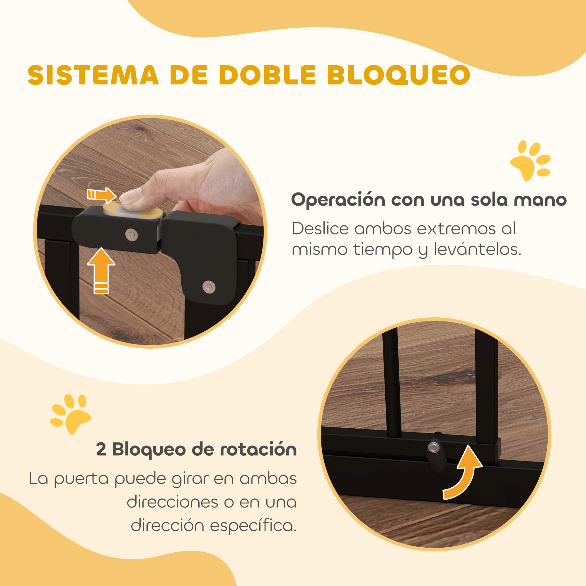 La ilustración muestra un mecanismo de cierre de puerta de seguridad negro con texto descriptivo y flechas sobre un fondo amarillo.