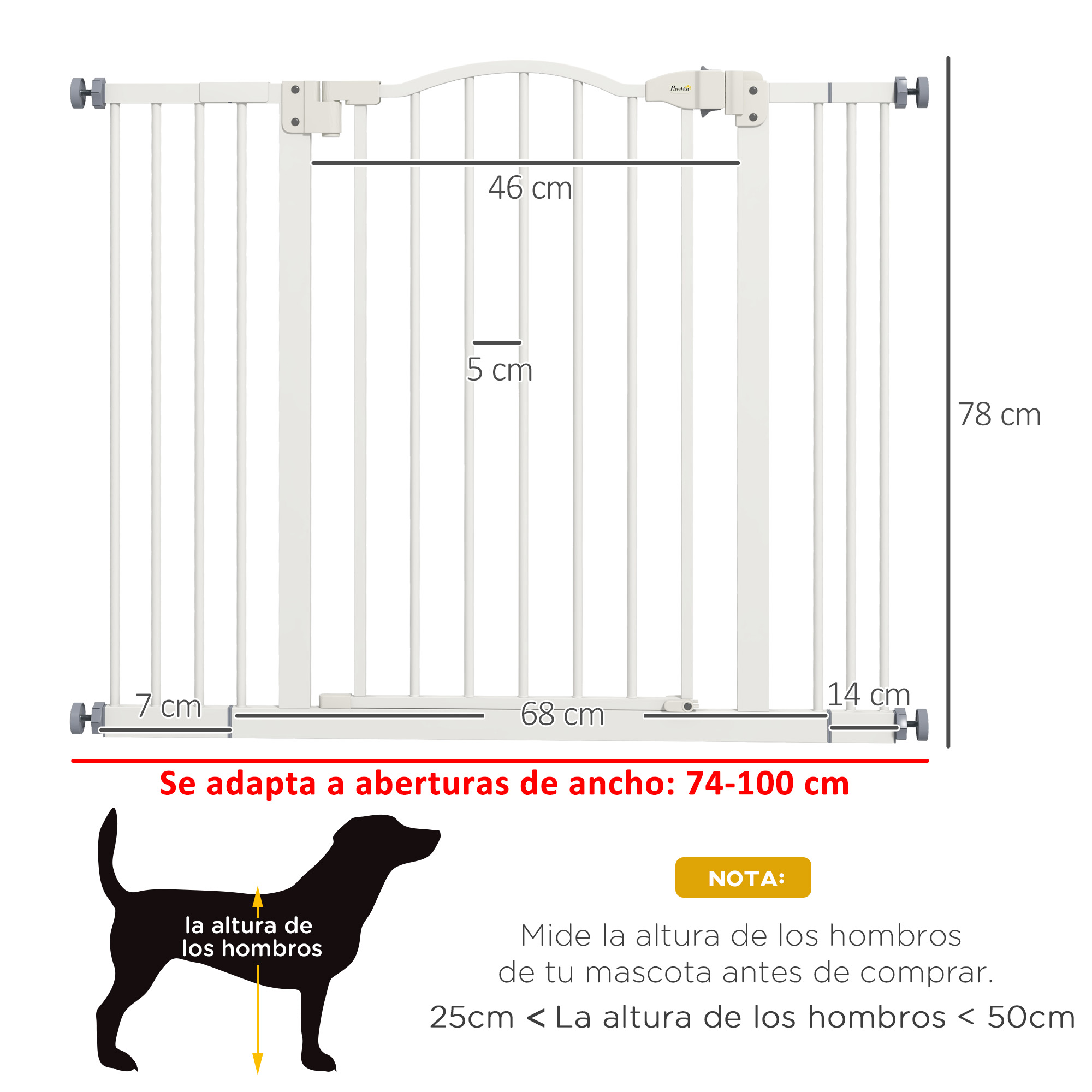 Un diagrama muestra las dimensiones de una puerta blanca para mascotas, indicando que se adapta a aberturas de 74-100 cm de ancho.