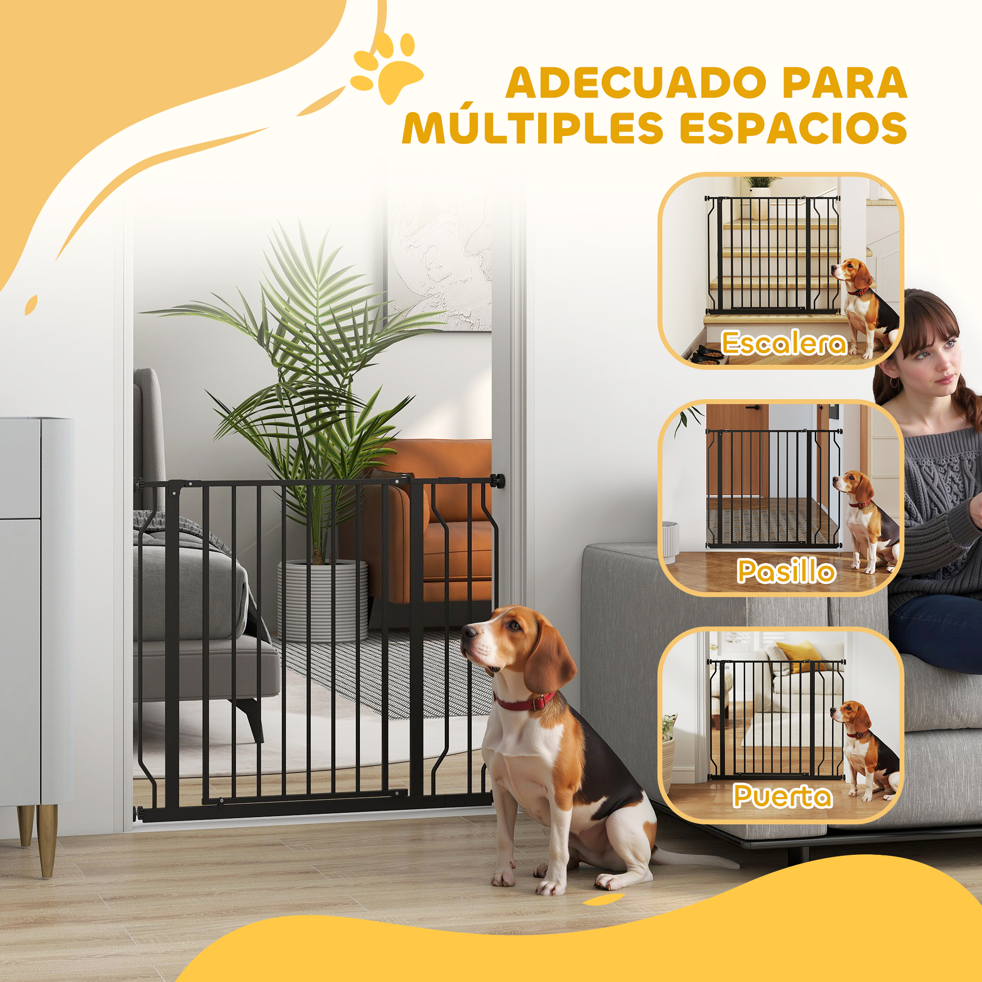 El collage muestra una puerta negra para mascotas instalada en una escalera, un pasillo y una puerta con un beagle en cada entorno.