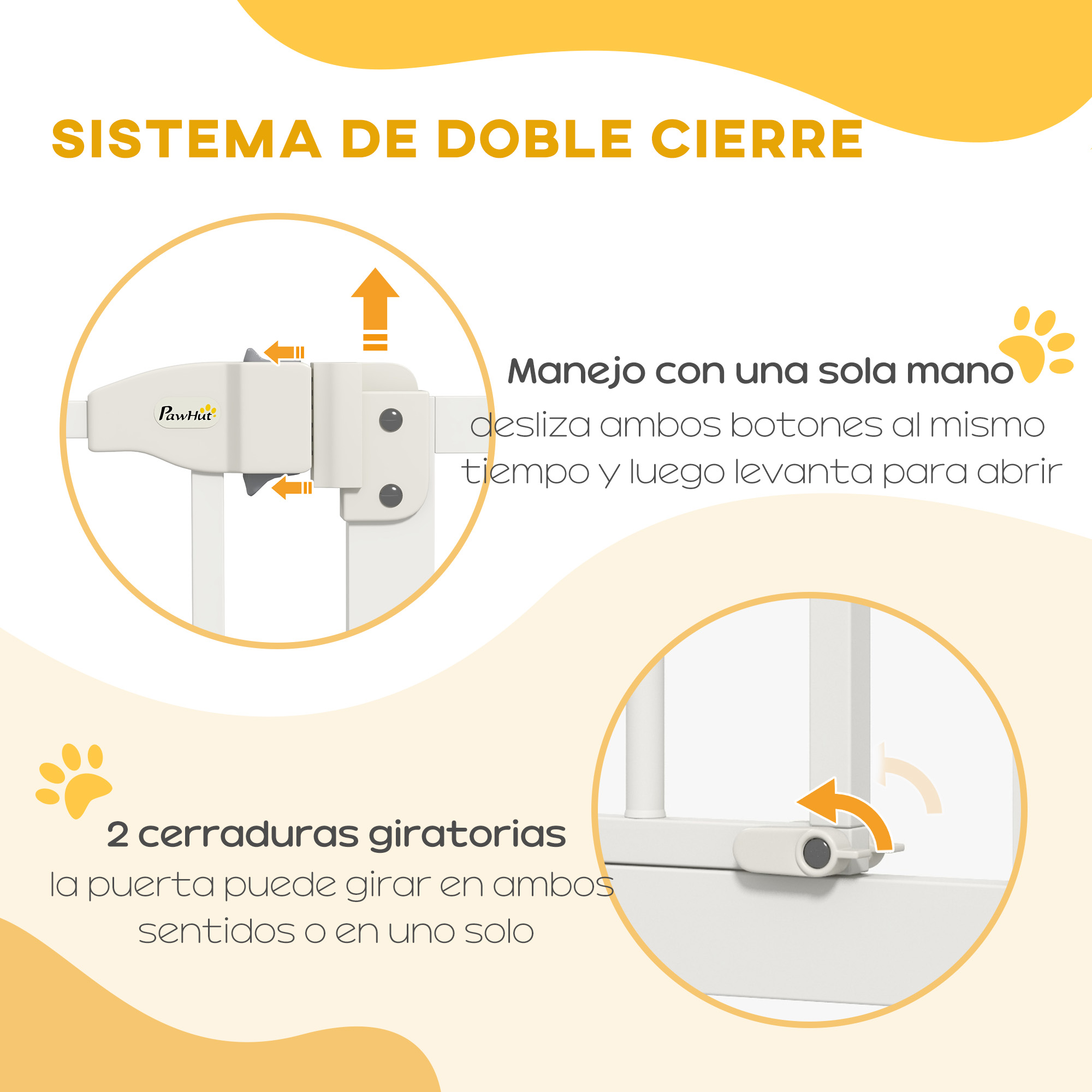 La ilustración muestra un mecanismo de cierre de puerta de seguridad blanco con texto descriptivo y flechas sobre un fondo amarillo.