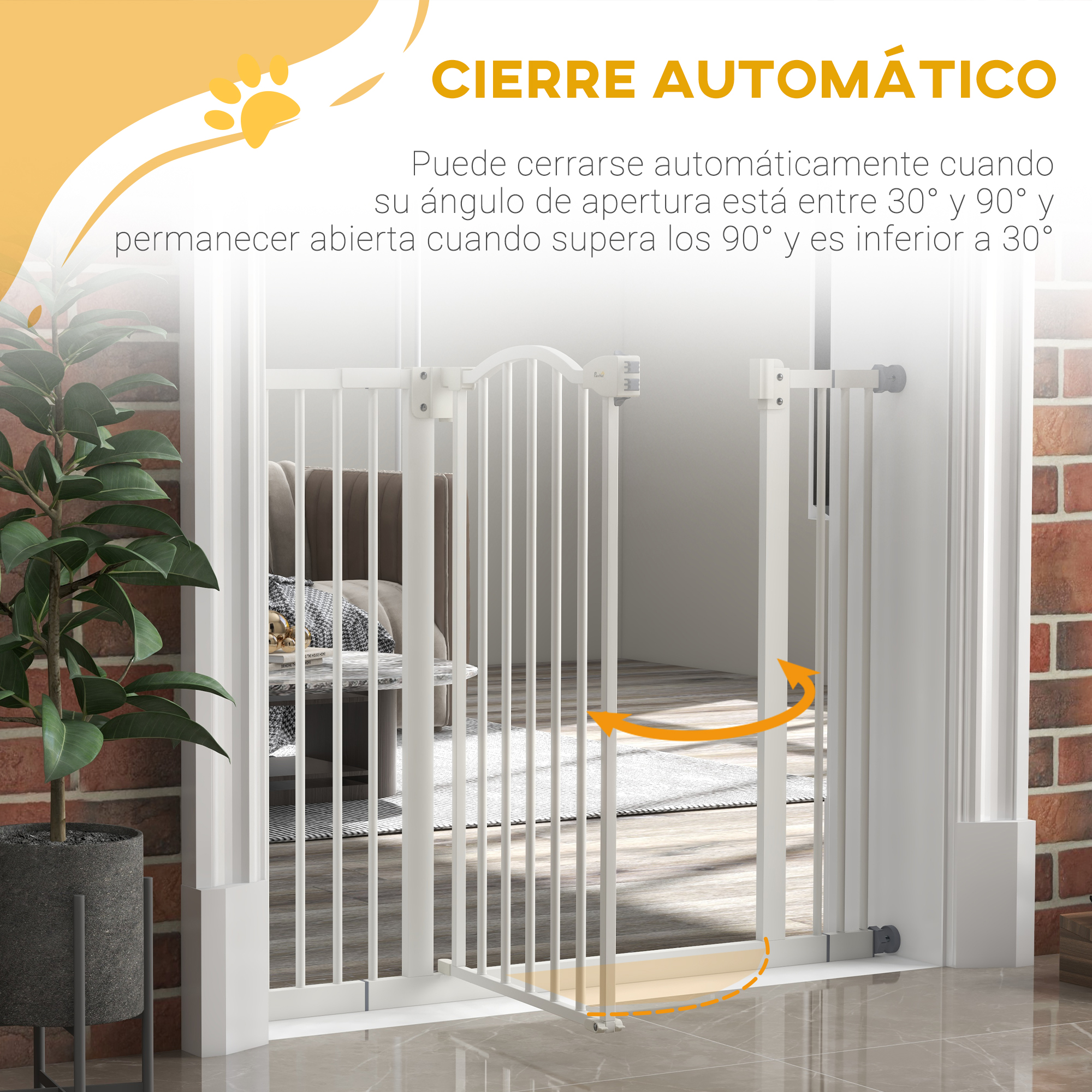 Barrera blanca en puerta. Cierre automático entre 30 y 90 grados.