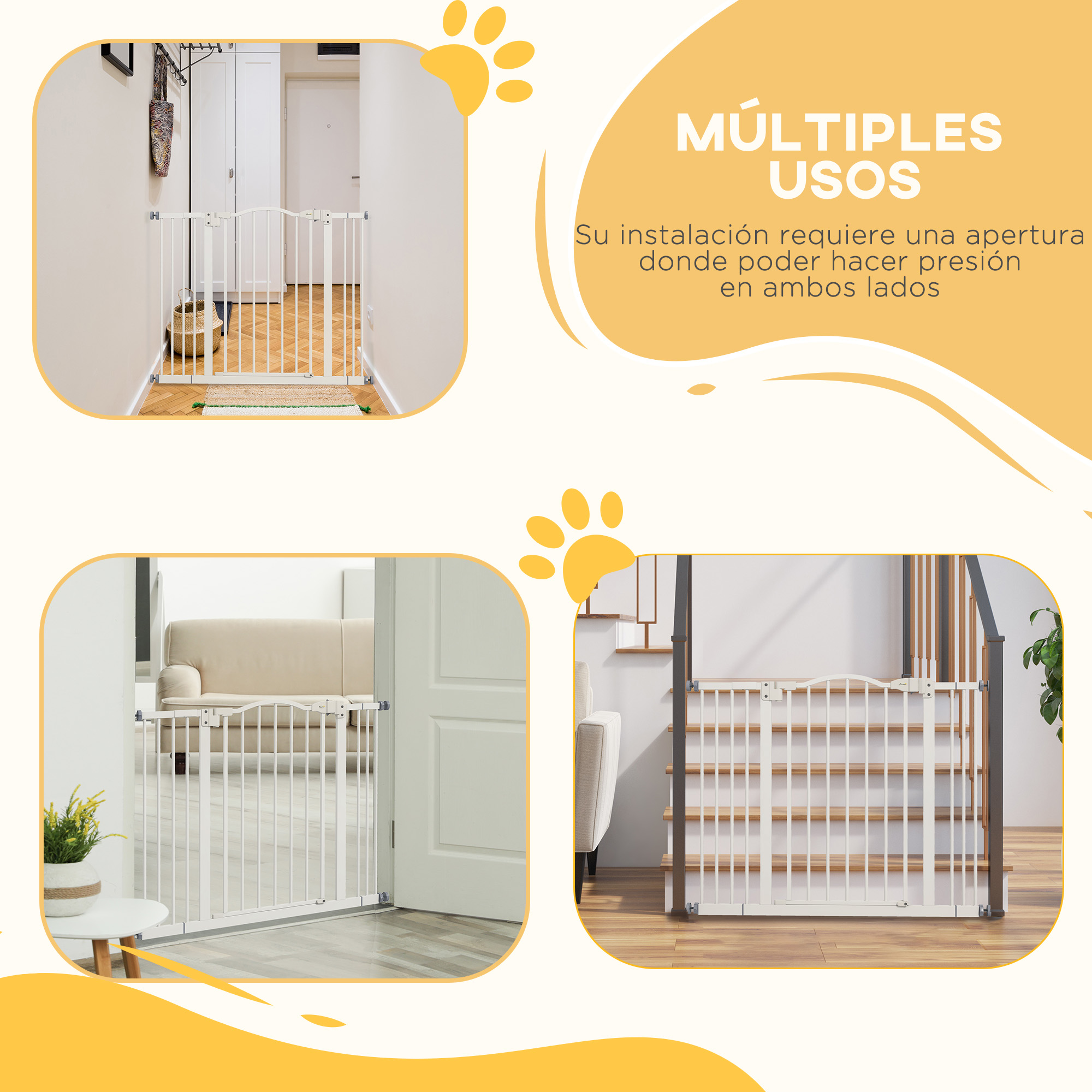 Imágenes de barreras para bebés instaladas en varios lugares: puertas, escaleras. Blancas y sencillas.