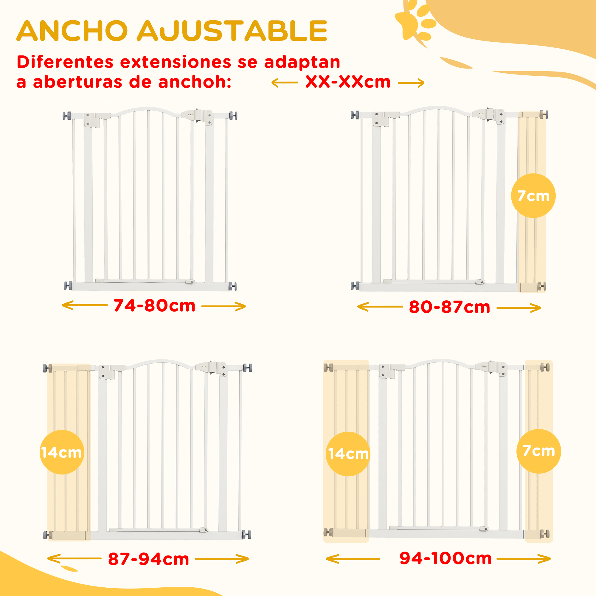 Diagrama de una puerta de bebé con diferentes ajustes de ancho mostrados.