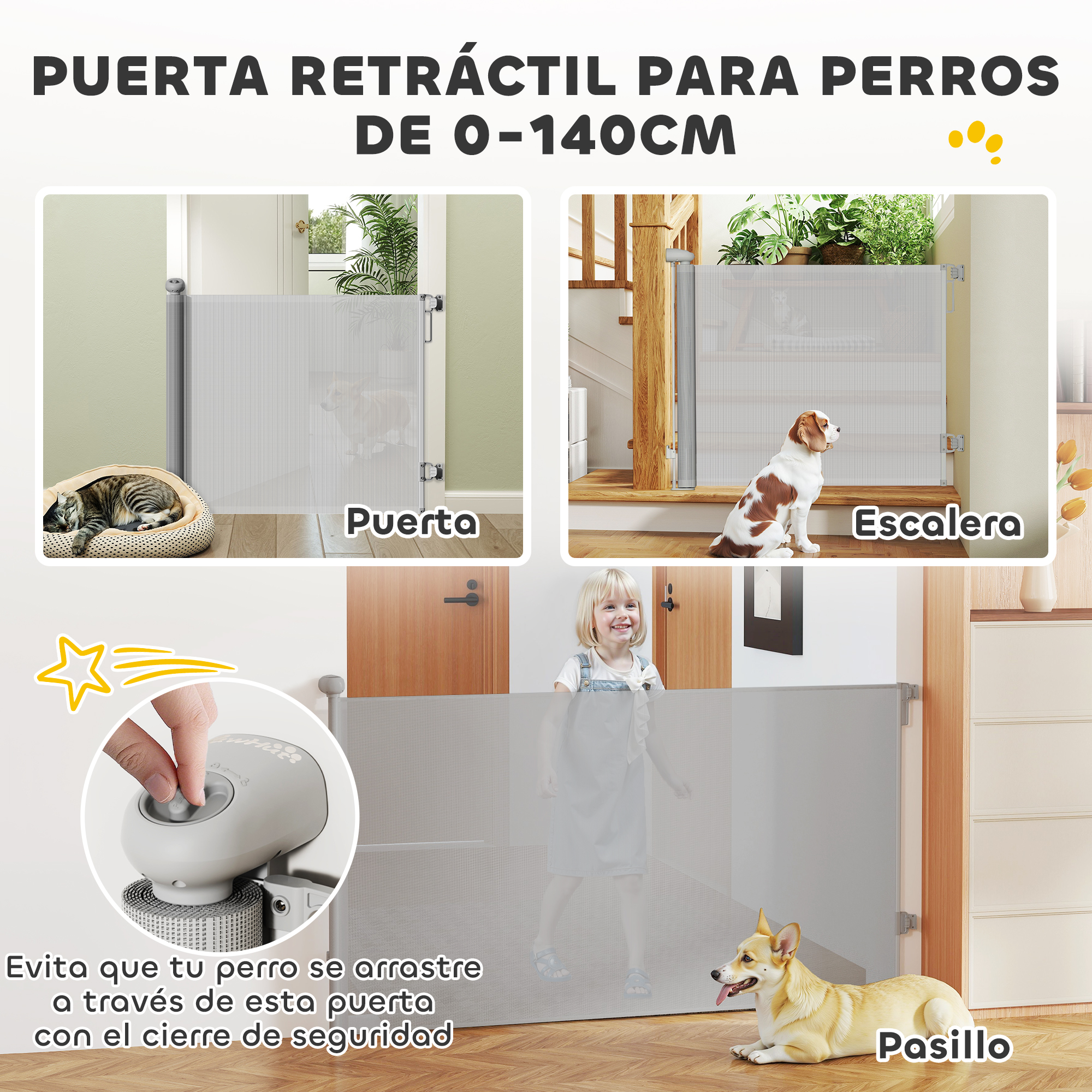 Puerta retráctil para perros con tres escenas: puerta, escaleras con perro, pasillo con niño y perro. Primer plano del mecanismo de la puerta.