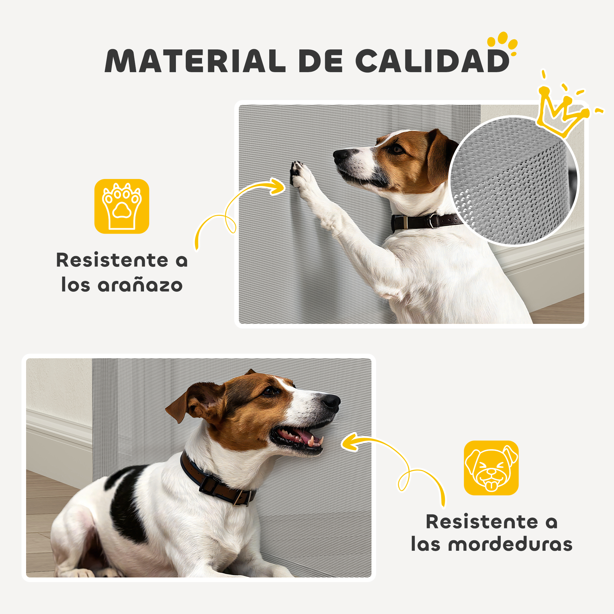 Un perro interactuando con barrera. El material es resistente a arañazos y mordiscos.