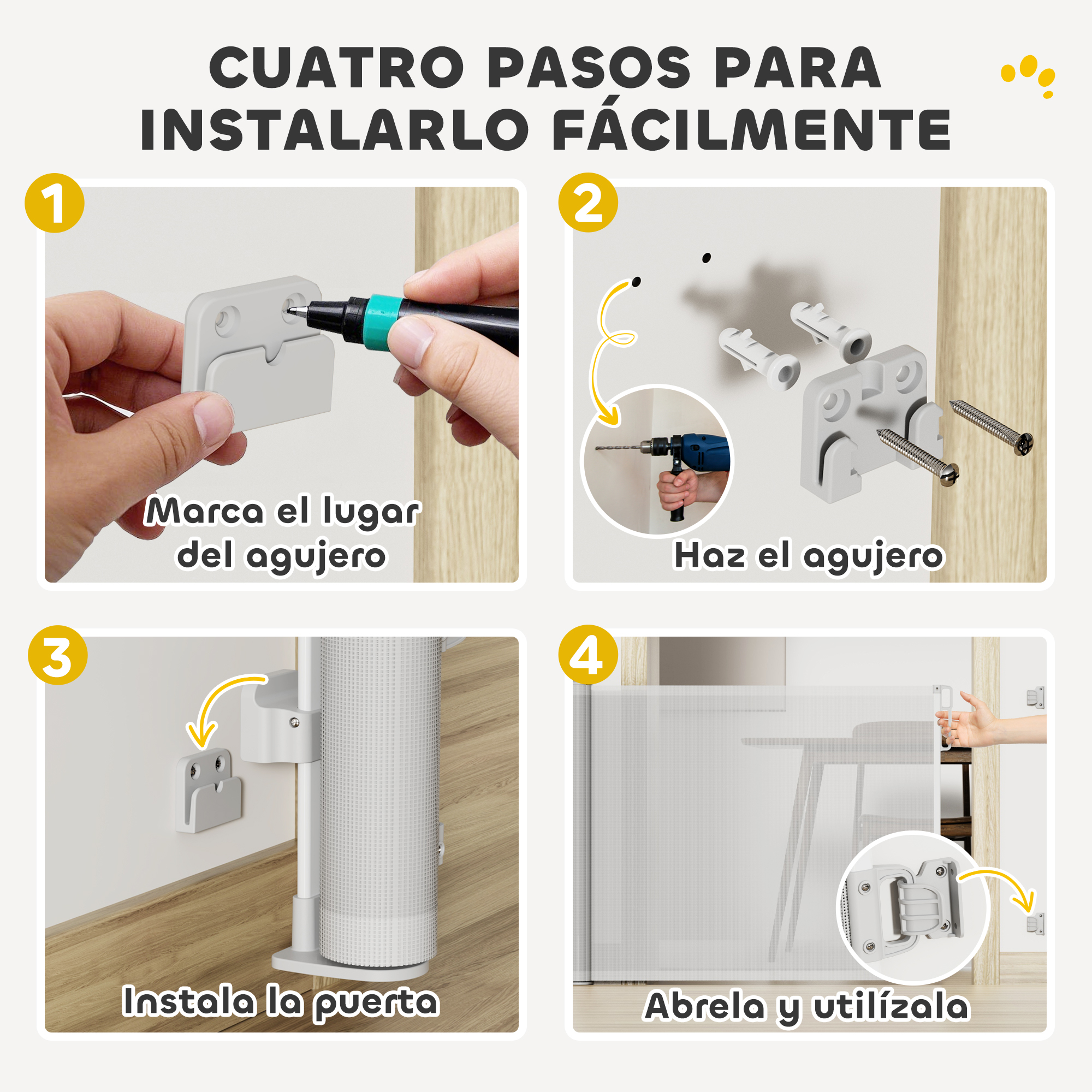 La imagen muestra una guía de 4 pasos para instalar una puerta. Los pasos incluyen marcar, taladrar, instalar la puerta y usarla.