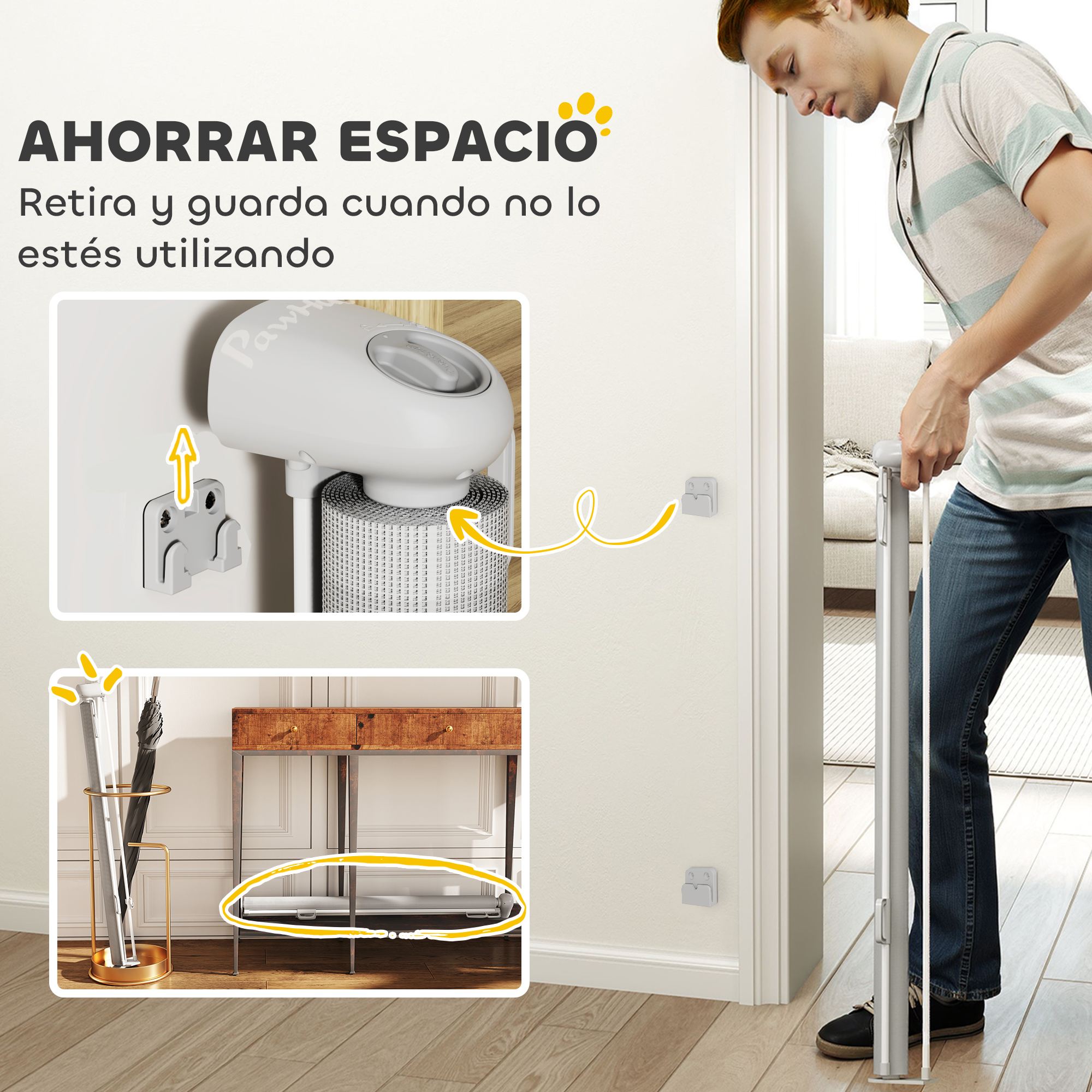 Un hombre instala una puerta retráctil. Hay imágenes que muestran cómo guardar la puerta y un paragüero.