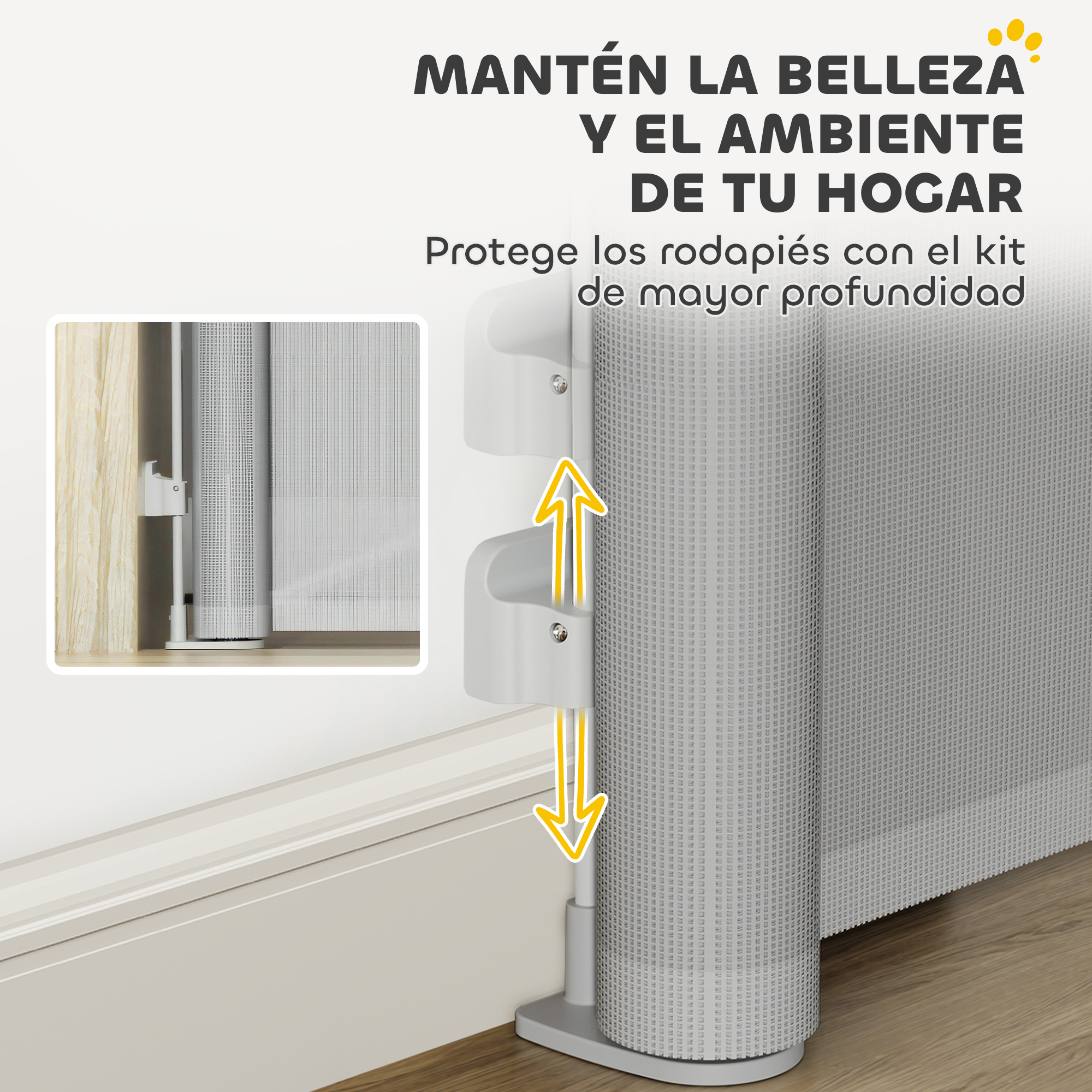 Un producto que protege zócalos. Es blanco con forma cilíndrica. Flechas amarillas indican movimiento. Texto: 'Mantén la belleza y el ambiente'.
