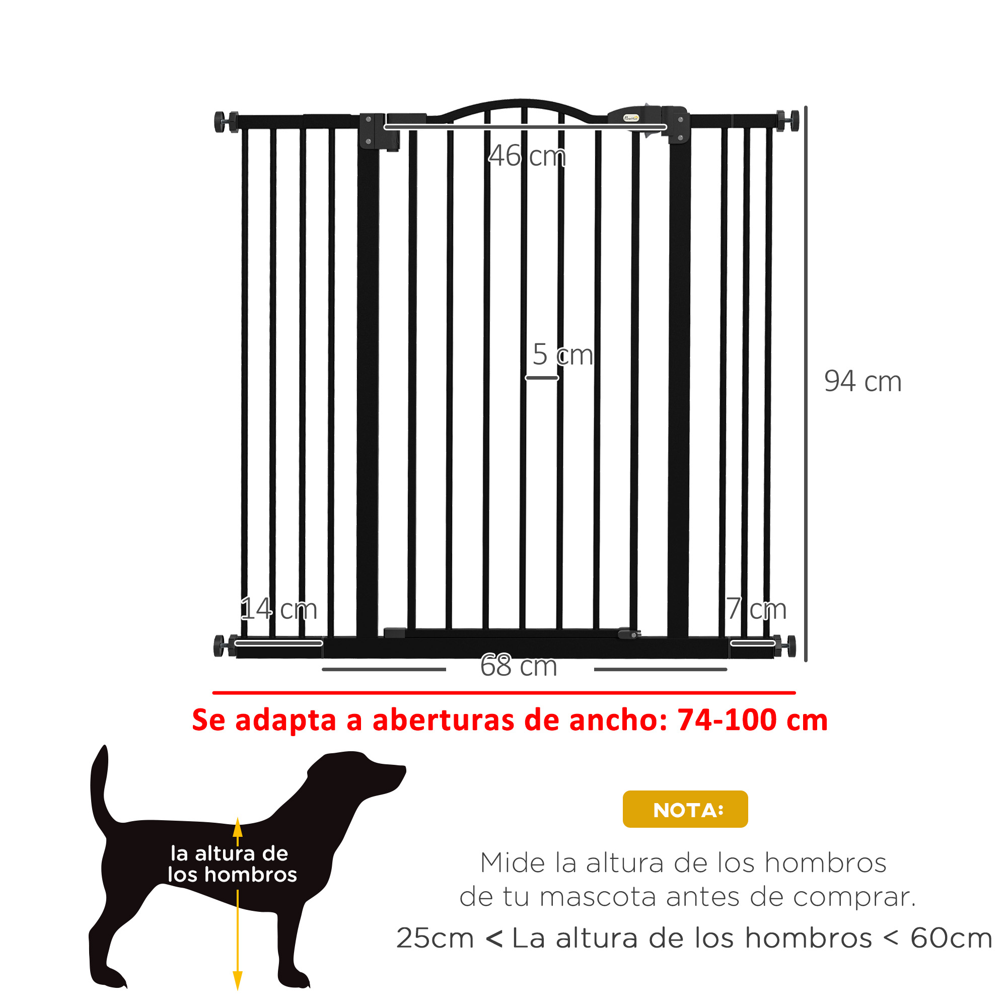 Imagen muestra dimensiones de una puerta para perros. Se adapta a aberturas de 74-100 cm. Muestra altura del perro.