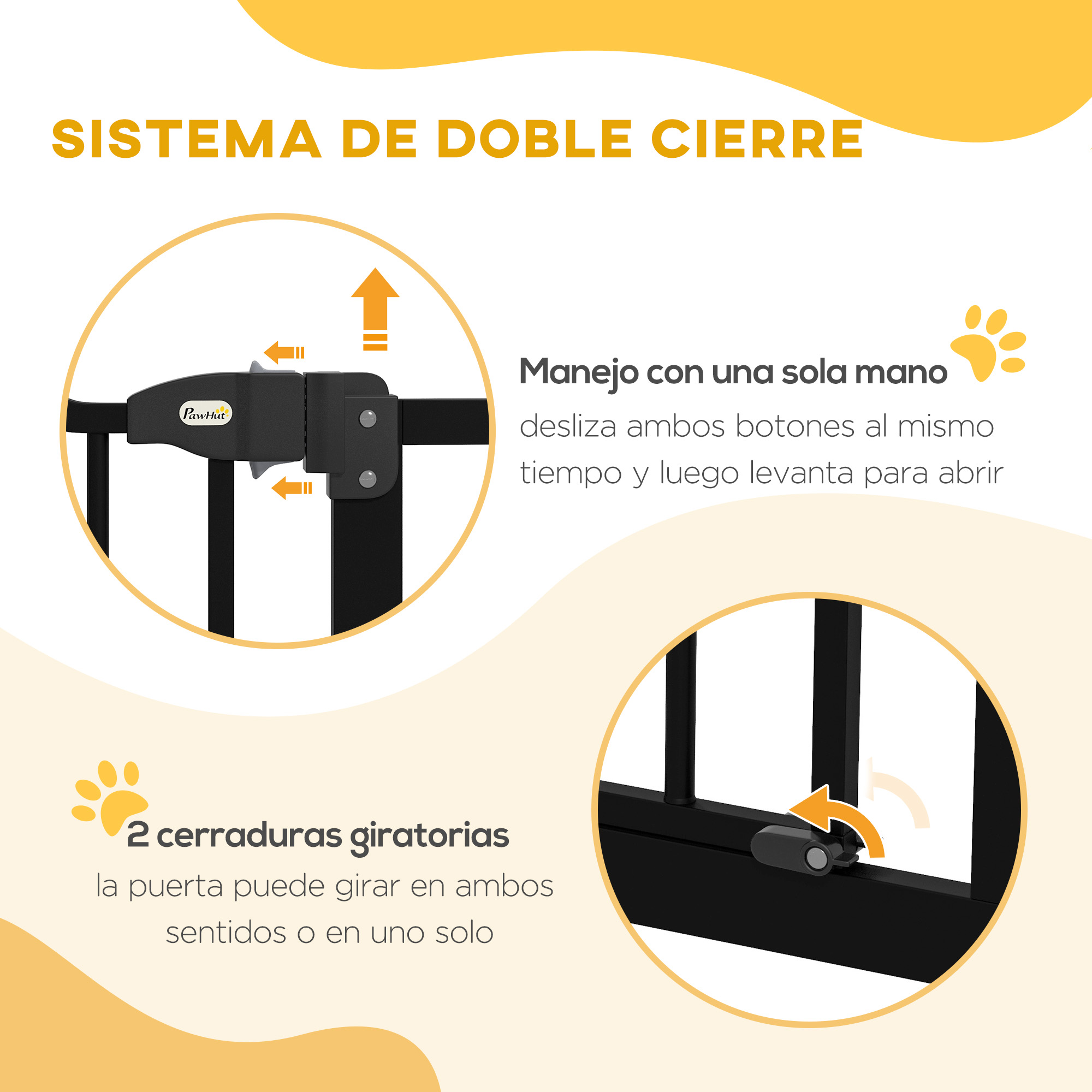 Imagen muestra cómo abrir la puerta. Tiene doble cerradura y puede girar en ambas direcciones.