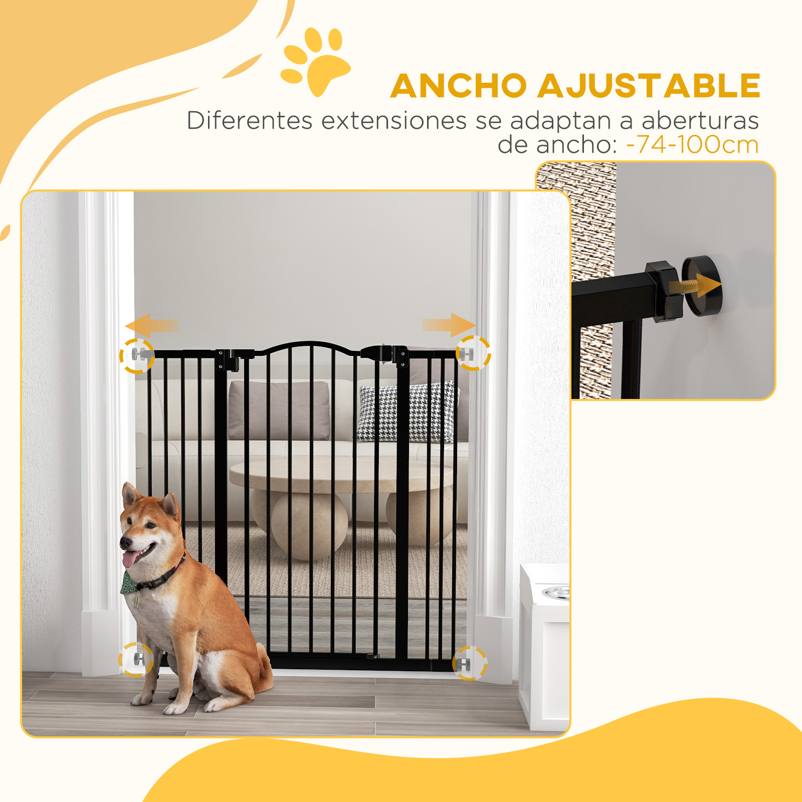 Una puerta para mascotas negra instalada en una puerta. Un Shiba Inu se sienta delante. Ancho ajustable 74-100cm. El texto dice 'Ancho ajustable'.