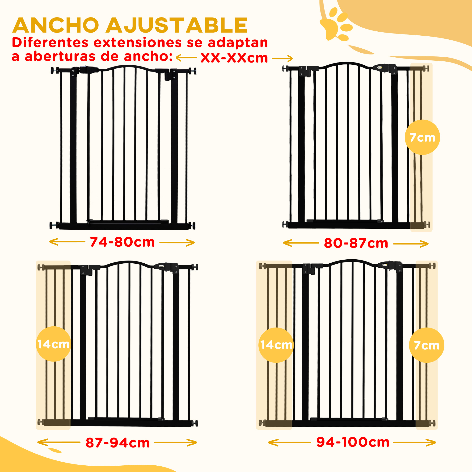 Imagen muestra puertas para perros ajustables para diferentes aperturas: 74-80cm, 80-87cm, 87-94cm y 94-100cm.