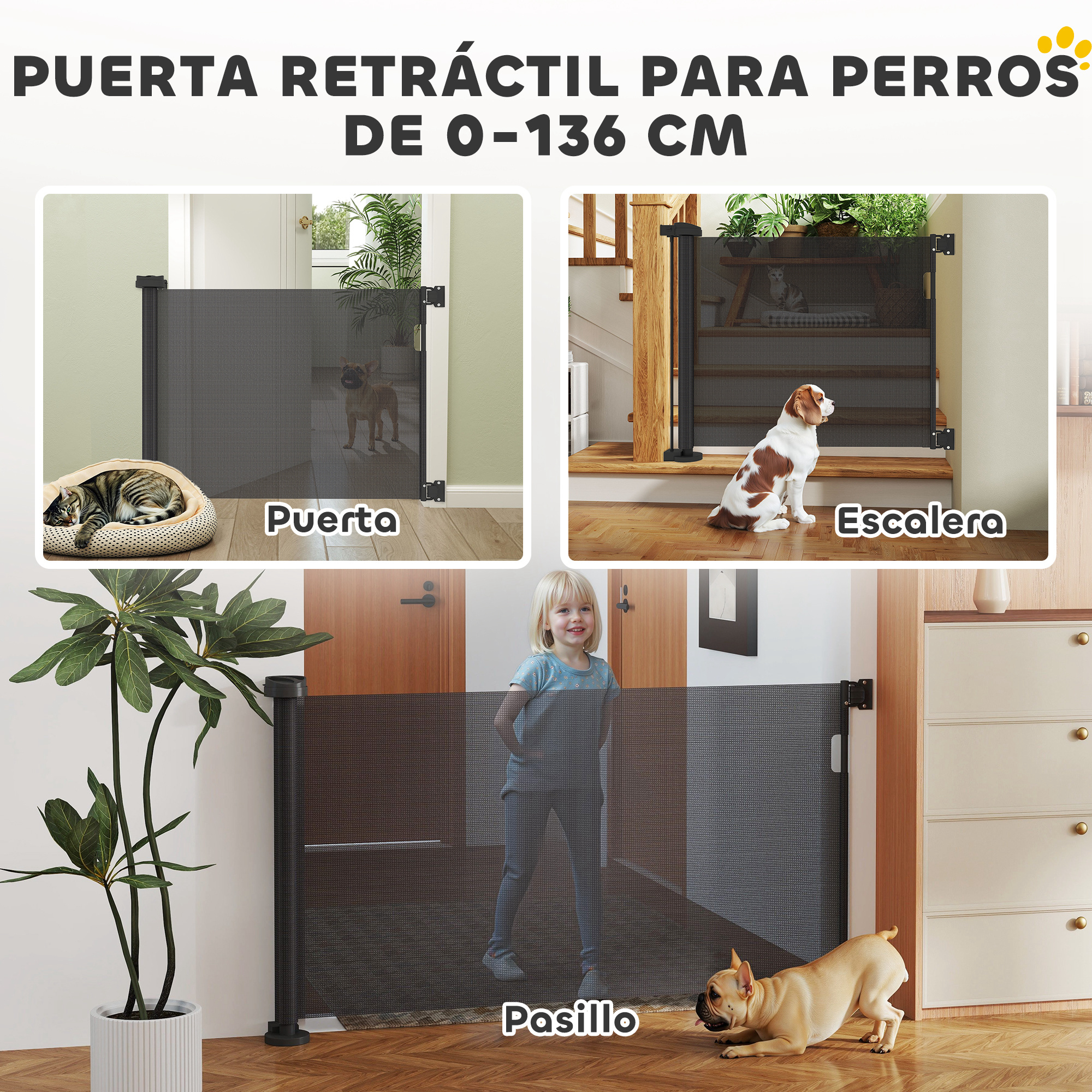 Puerta retráctil para perros, mostrada en tres entornos: puerta, escalera y pasillo, con un perro en cada uno.