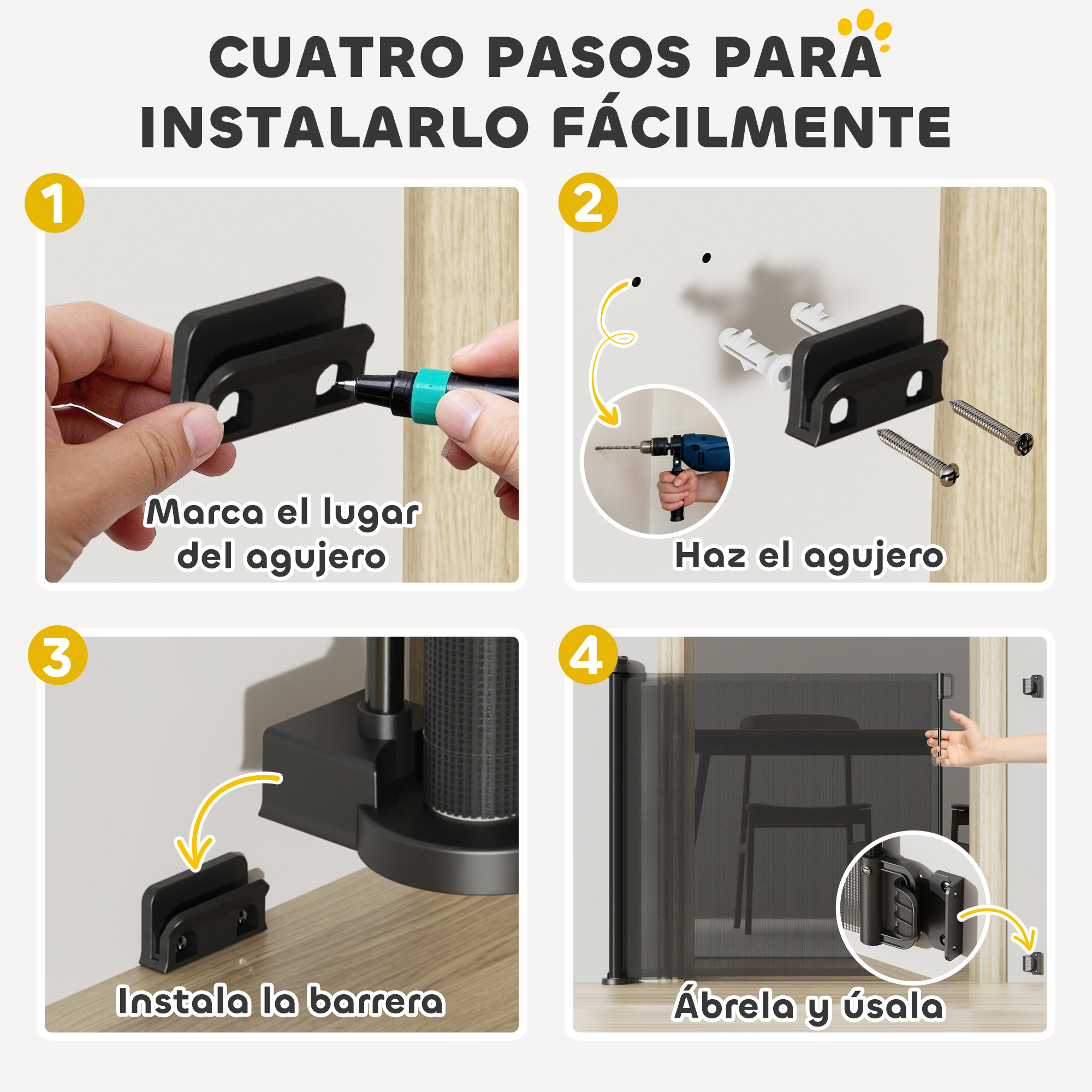Cuatro pasos para instalar. Manos marcan un punto, taladran un agujero, instalan la barrera y la abren.