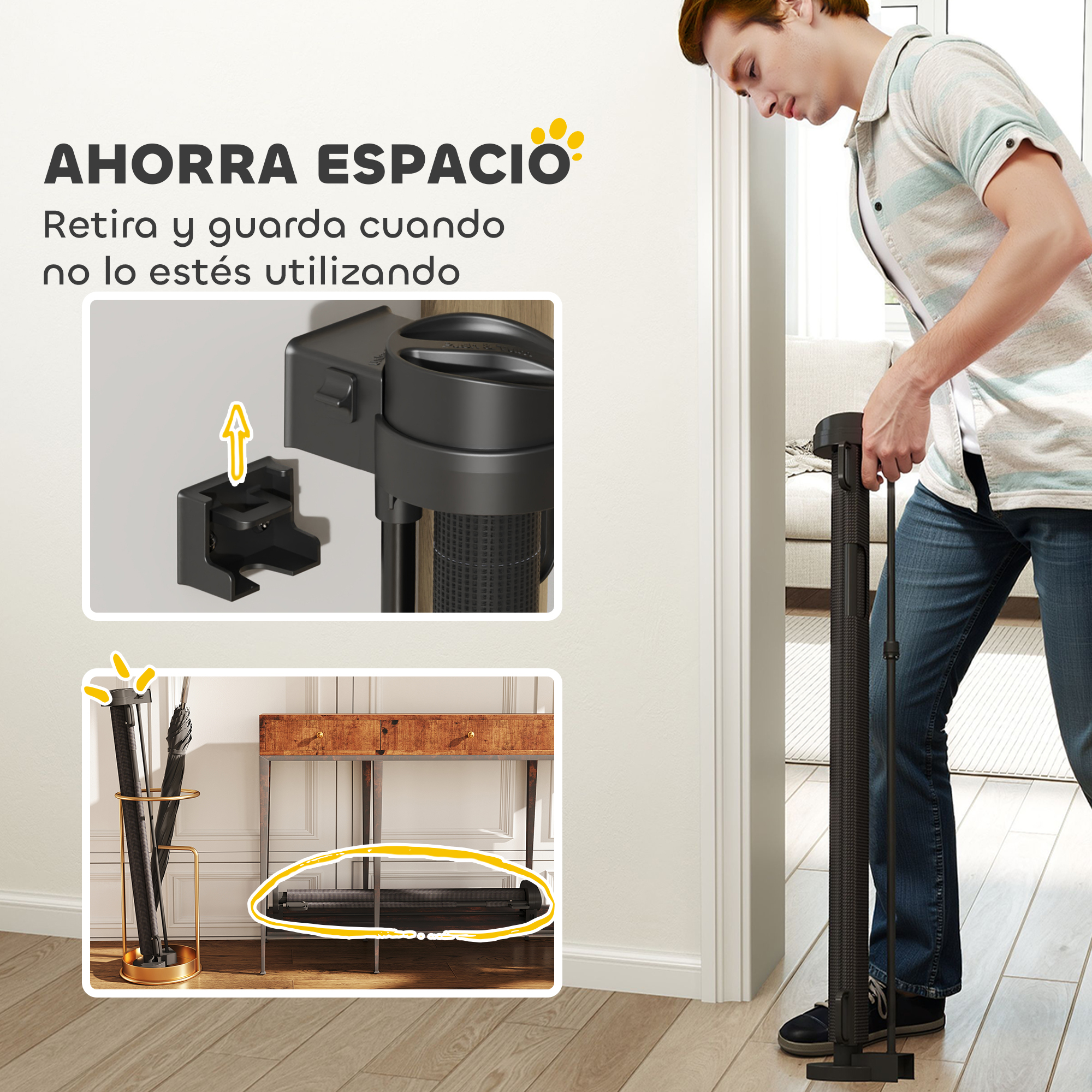 Un hombre está instalando una puerta retráctil para perros. La puerta es negra y el fondo es un suelo de madera.