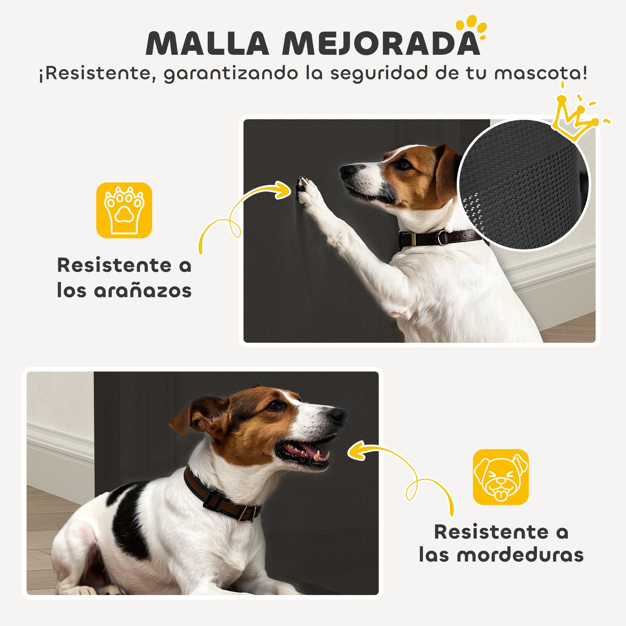 Imagen muestra un perro rascando y mordiendo una malla negra. Los textos dicen que es resistente a arañazos y mordeduras.