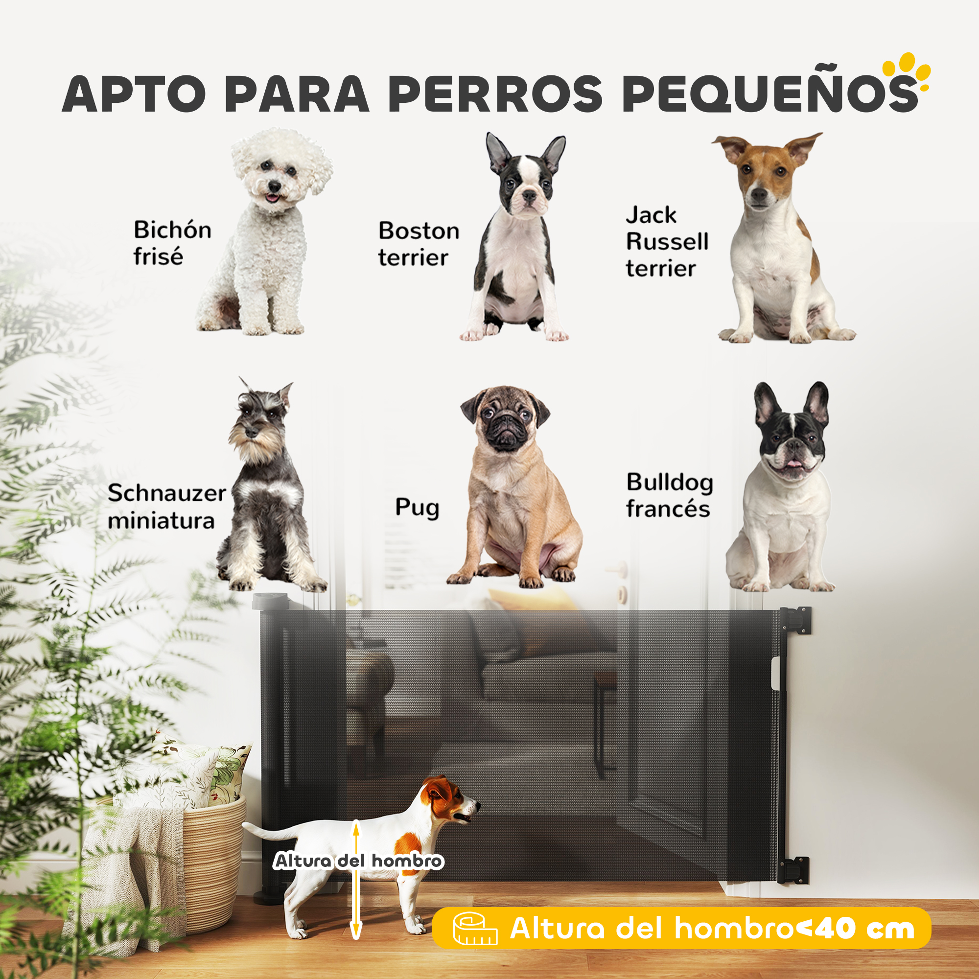Una puerta para mascotas con razas de perros pequeños. El texto es visible, con un fondo blanco.