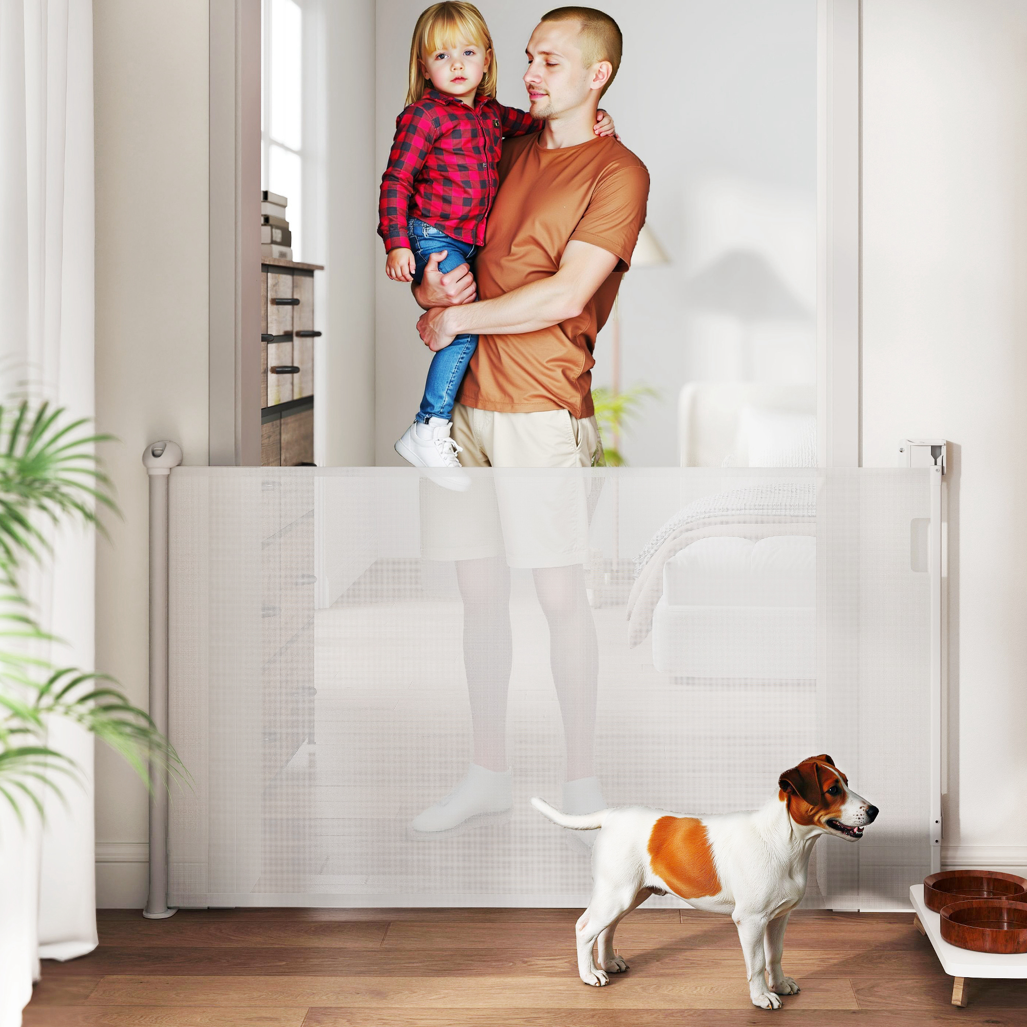 Un hombre sosteniendo a un niño, con un perro frente a una puerta para mascotas blanca.
