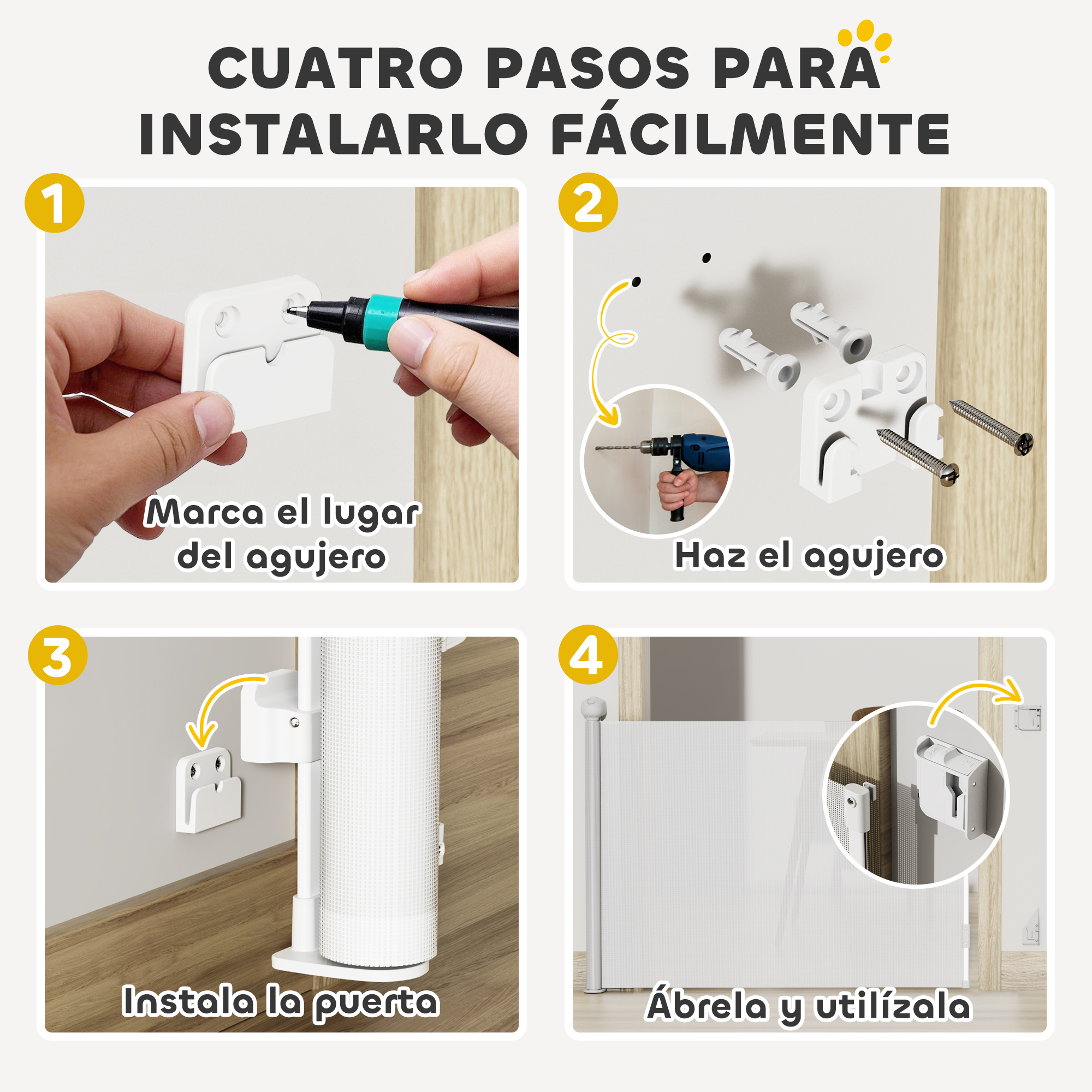 Cuatro pasos para instalar fácilmente una puerta para mascotas. Fondo blanco y herramientas visibles.